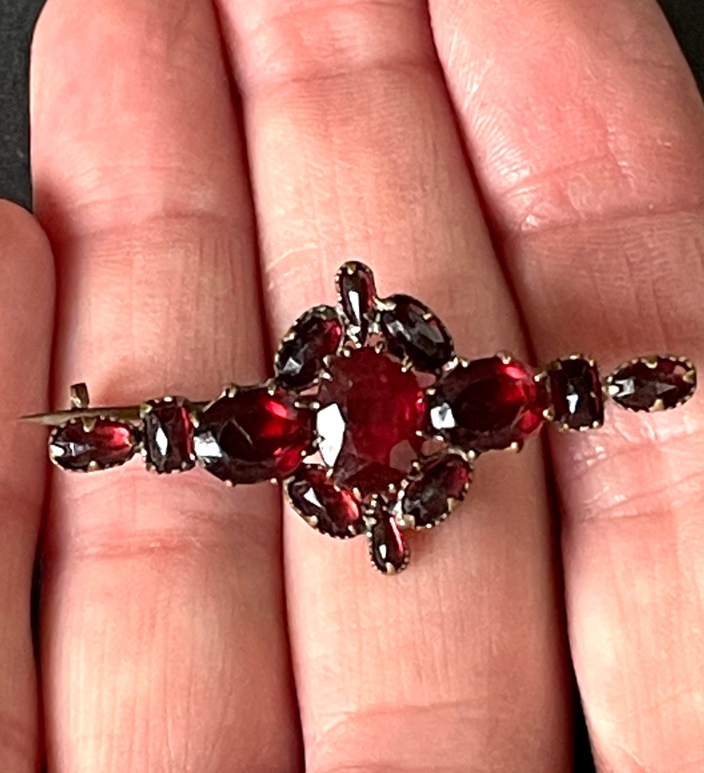 Vintage / antique Bohemian garnet brooch, different shaped stones set in gold tone, early Art Deco period 1920s