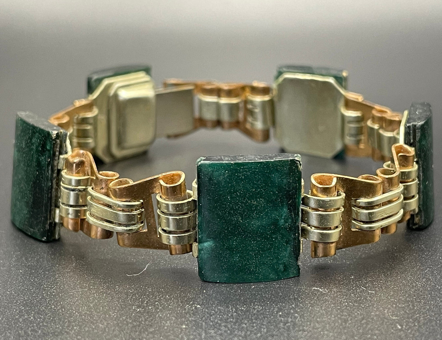 Vintage Jakob Bengel Art Deco machine age chrome, copper tone and marbled, deep green galalith panel bracelet