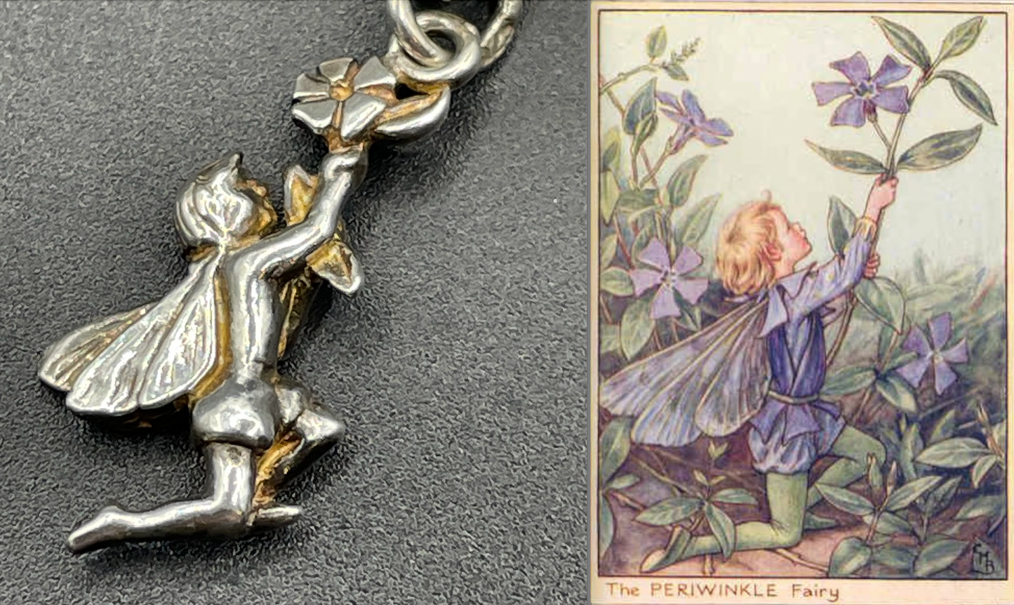 Vintage Cicely Mary Barker Flower Fairies 925 sterling silver fairy charm bracelet hallmarked by ASJ jewellers, 25 grams