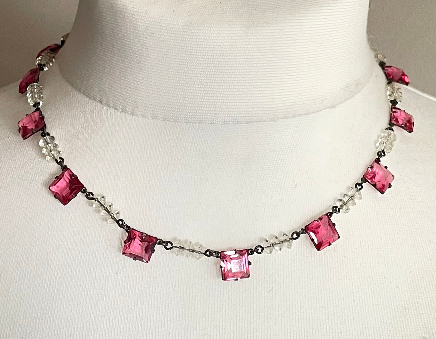 Vintage Art Deco bezel set pink princess cut (square) rhinestone and clear faceted crystal bead riviere necklace, open-backed rhinestones