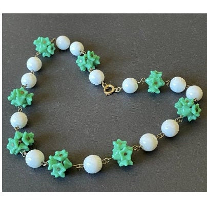 Vintage Art Deco green glass flower and large white milk glass bead, delicate glass necklace