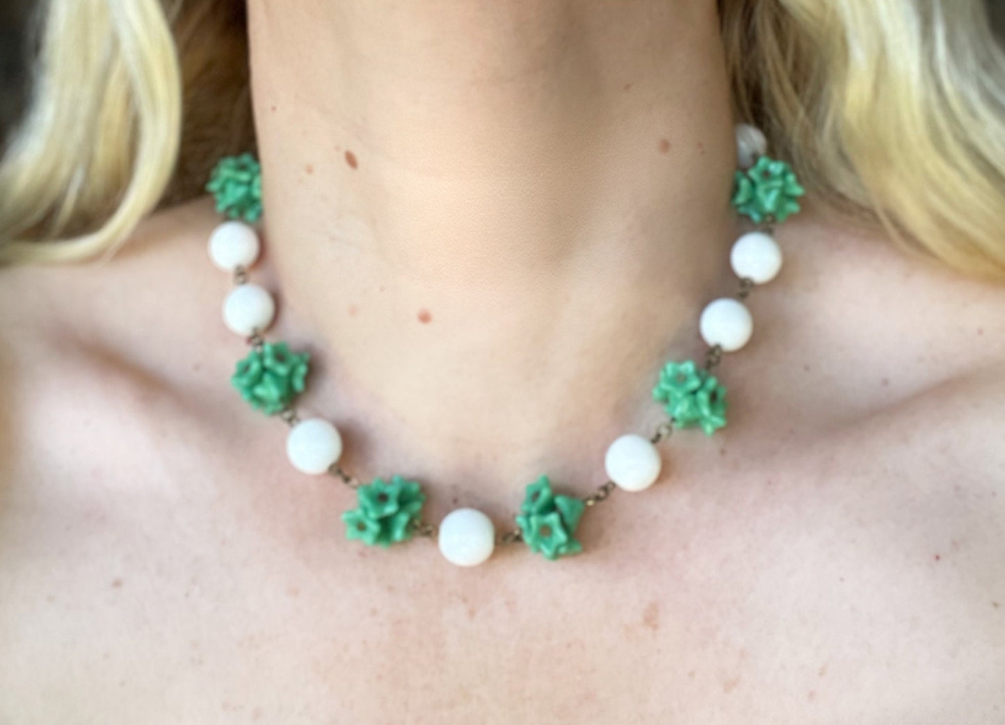 Vintage Art Deco green glass flower and large white milk glass bead, delicate glass necklace