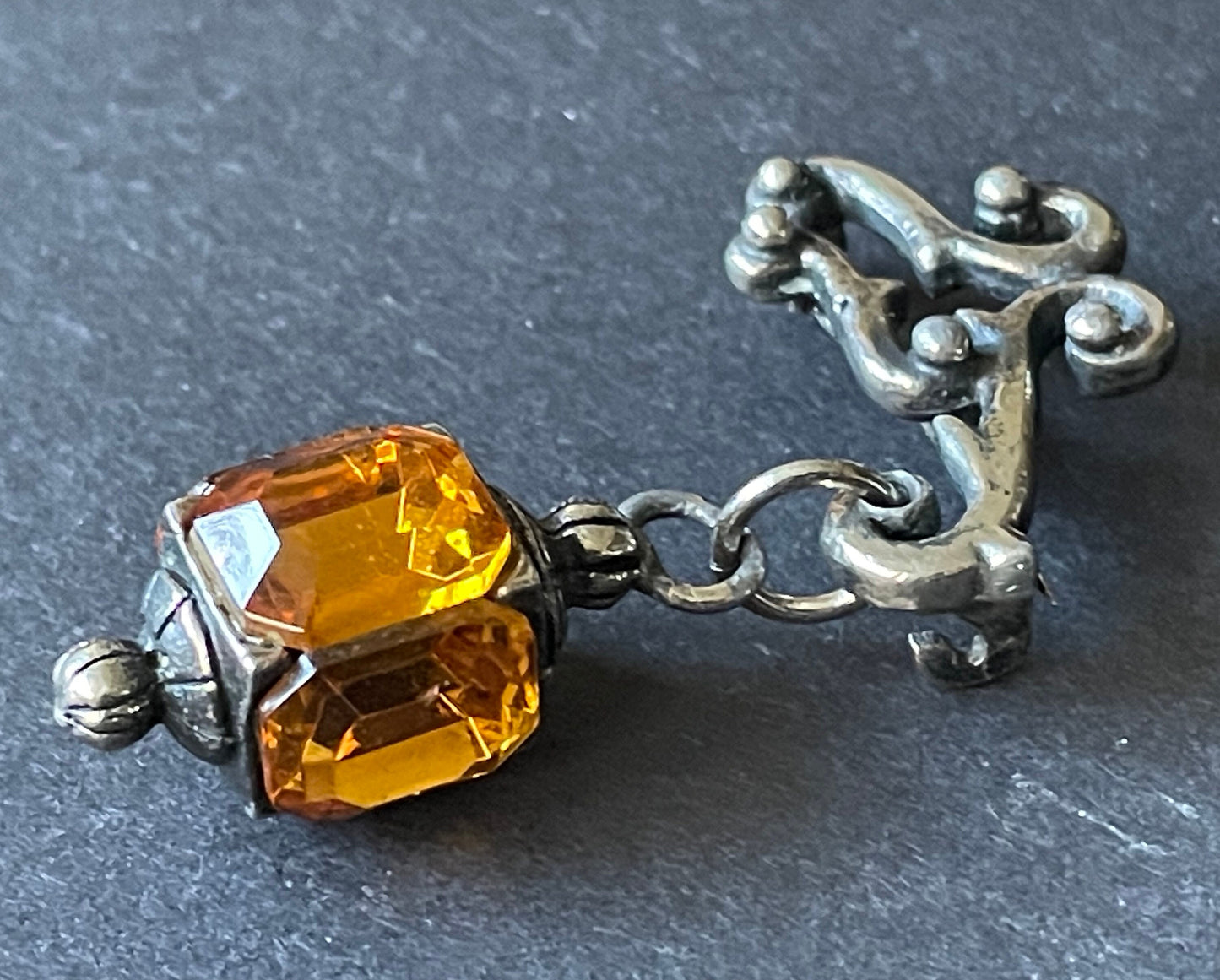 Quirky vintage figural hanging lantern brooch with citrine / topaz yellow orange rhinestones set in silver tone