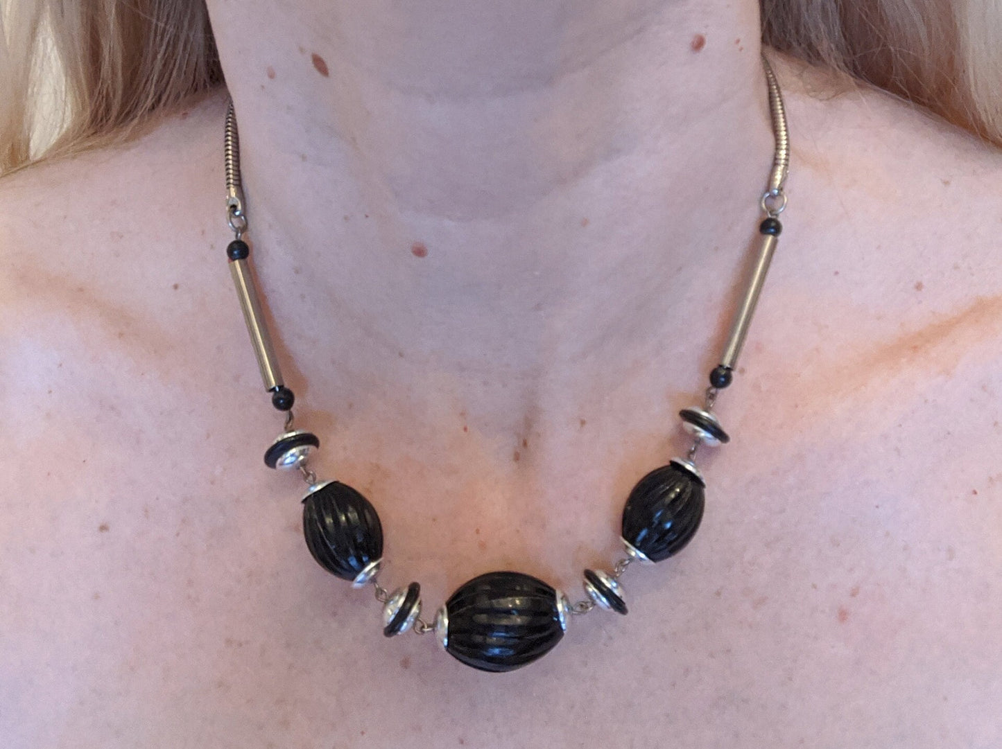 Vintage Jakob Bengel Art Deco machine age chrome and black galalith geometric necklace with beautifully shaped beads