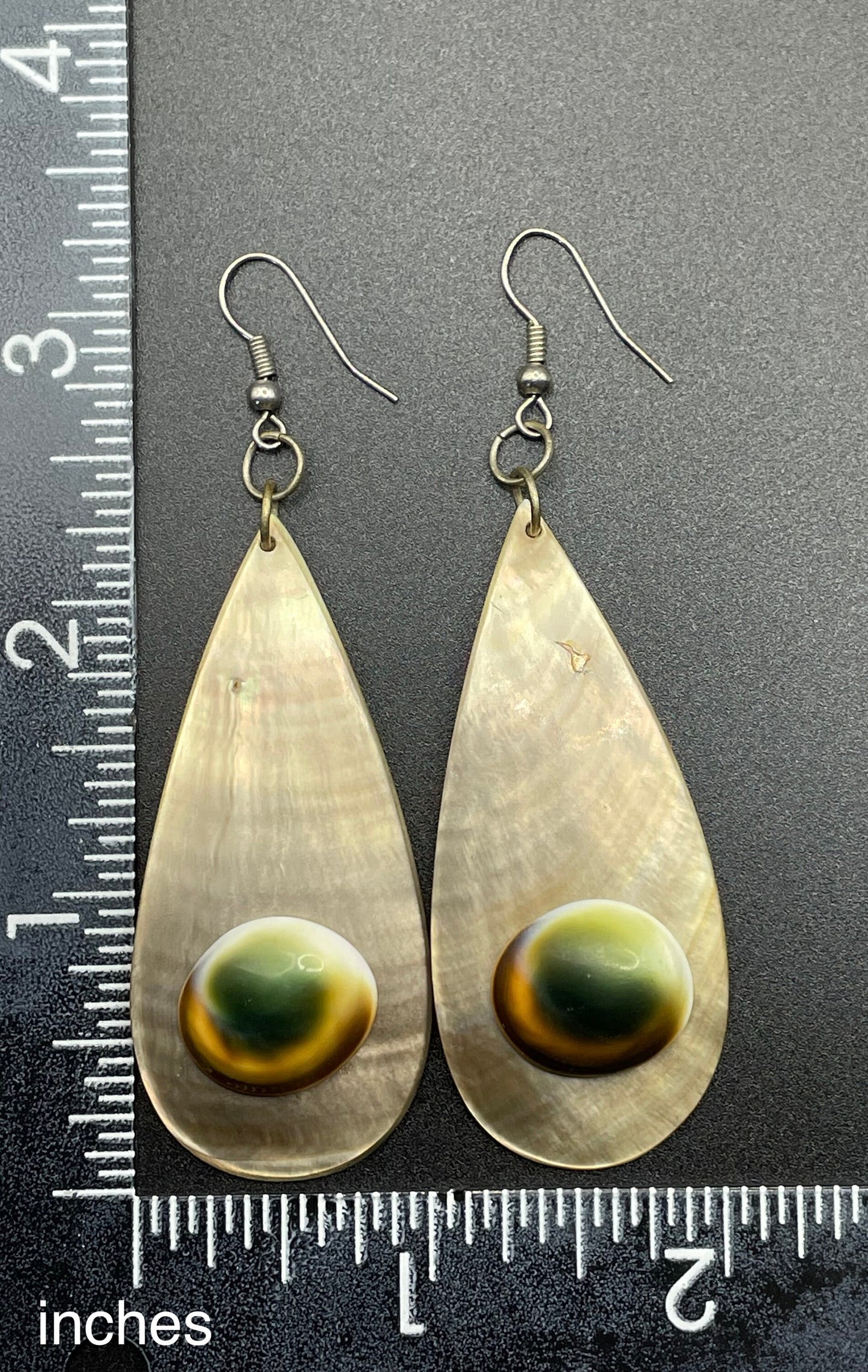 Vintage operculum cabochon and shell / abalone teardop long dangle earrings for pierced ears