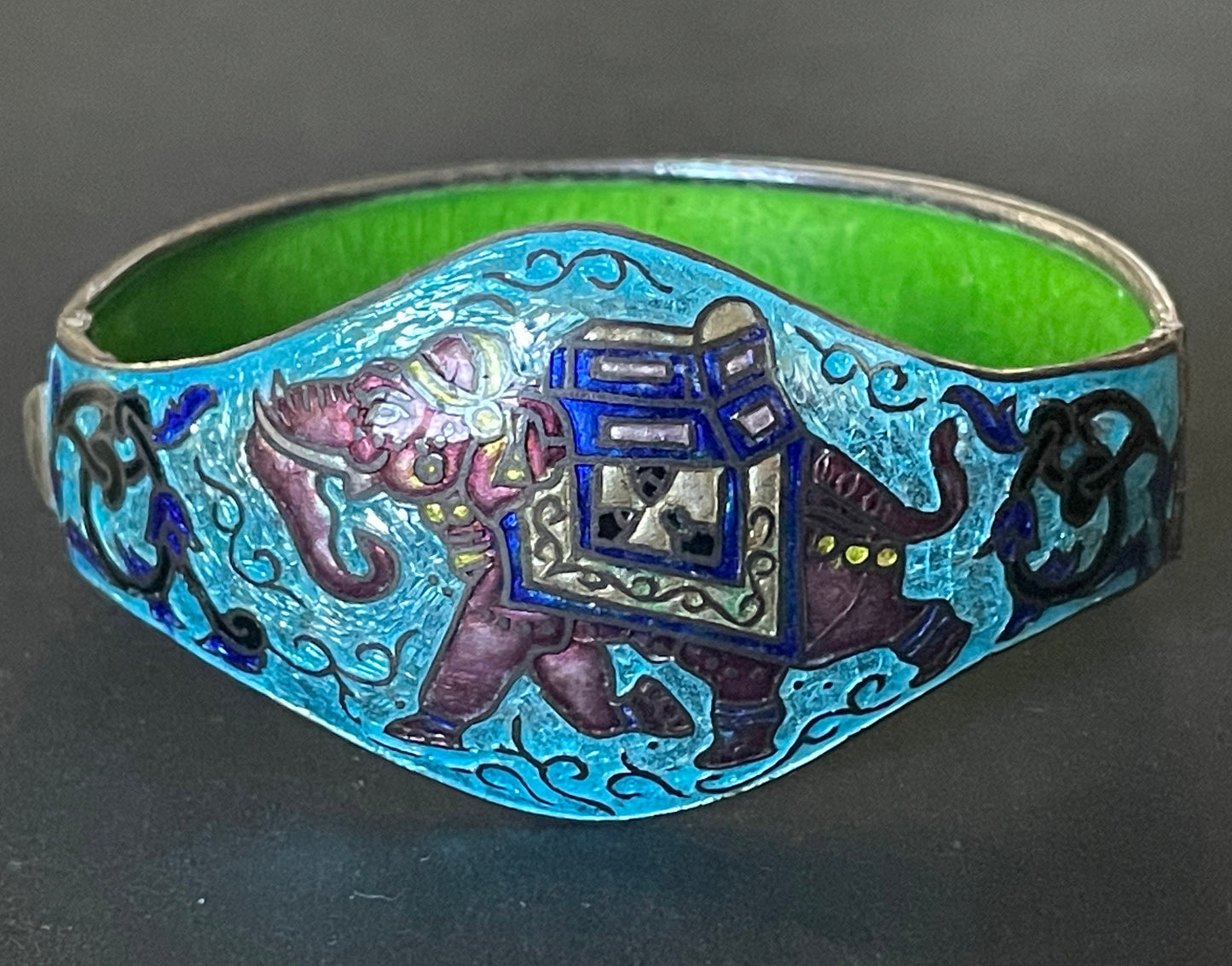 Vintage beautiful Rajasthani silver and brightly coloured enamel elephant design Indian hinged bangle, vibrant blue, green and deep red