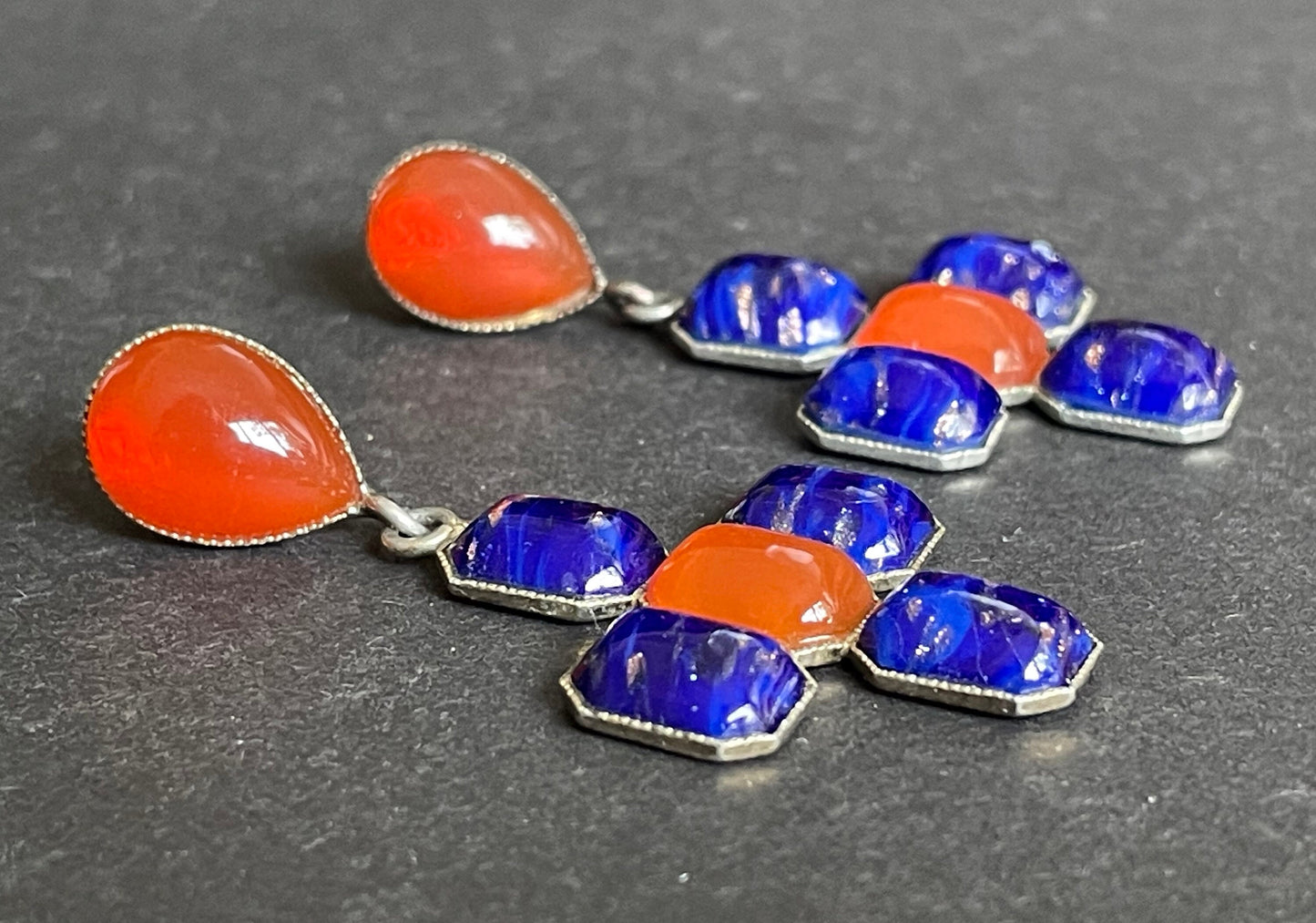 Vintage poured glass cabochon faux lapis lazuli deep blue and faux carnelian orange glass earrings with cross motif in silver tone