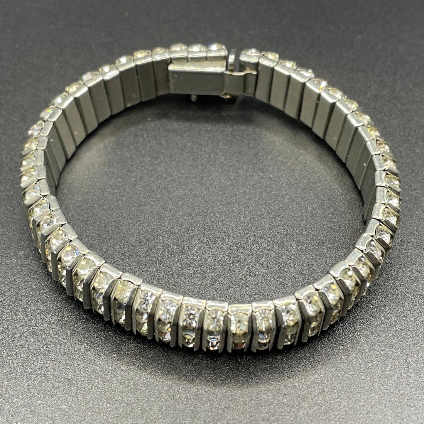 Vintage DRGM Schreiber & Hiller (unsigned) Art Deco channel set paste clear rhinestone geometric machine age bracelet