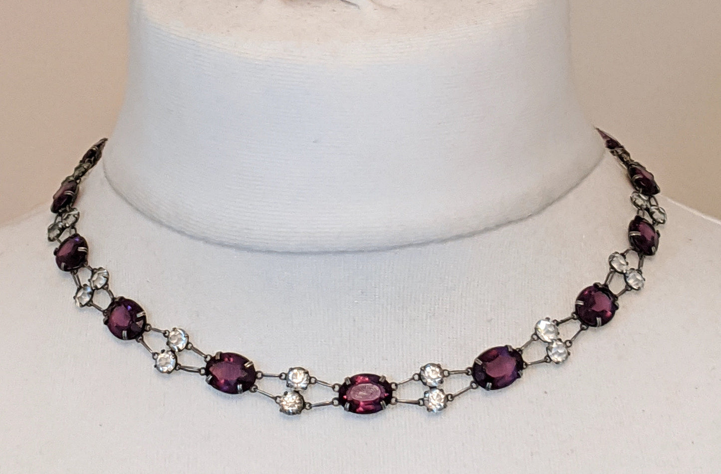 Vintage Art Deco amethyst purple & clear crystal intricate riviere necklace bezel set, open backed, maybe unmarked silver, free earrings