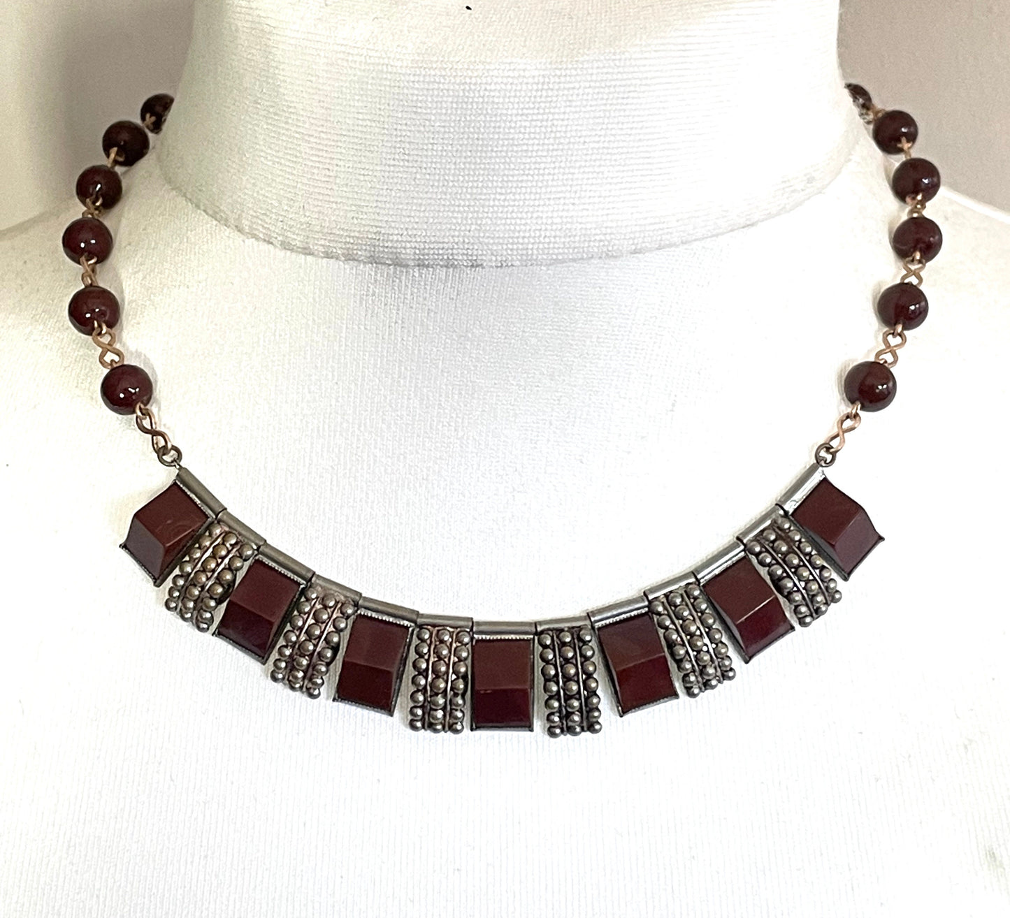 Vintage Art Deco machine age silver tone and rolled gold, brown / burgundy glass necklace