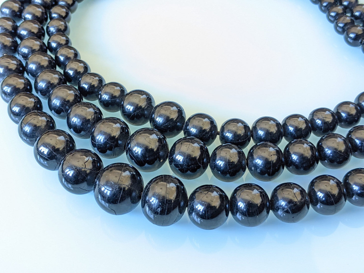 Huge antique Victorian Whitby jet bead, triple strand mourning necklace