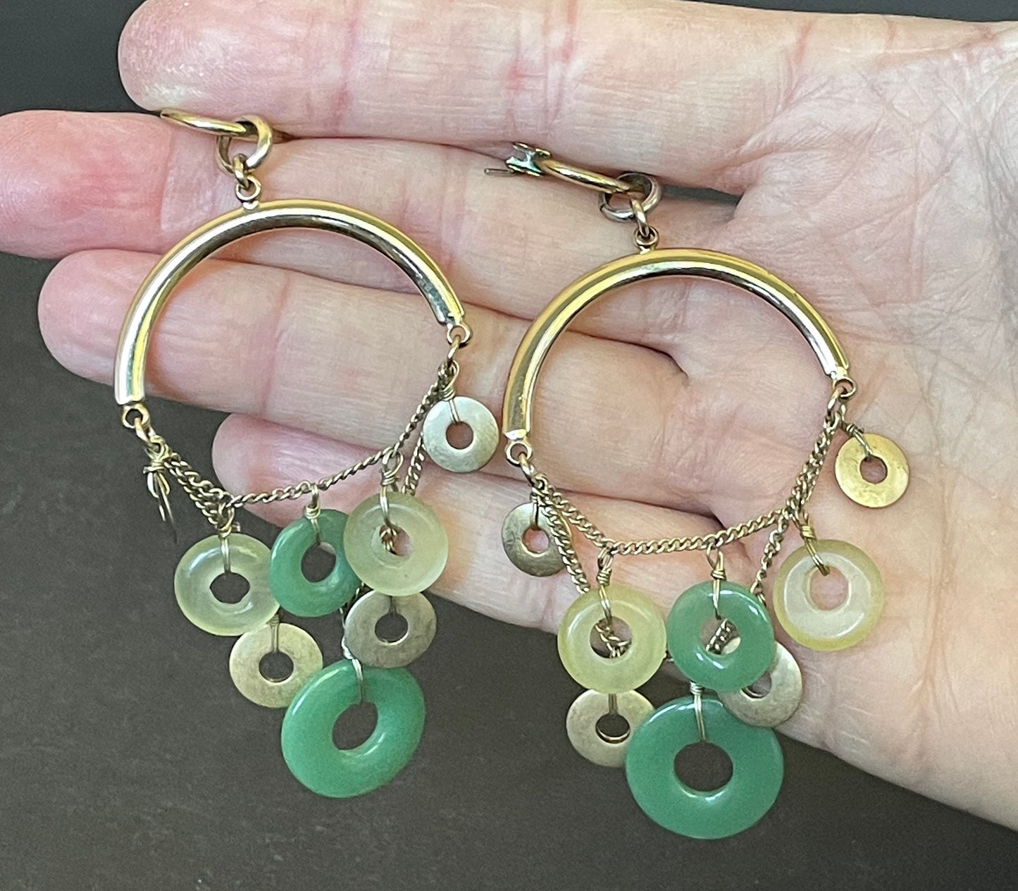 Beautiful pre-owned designer gold plated and jade green gemstone ring dangle earrings for pierced ears