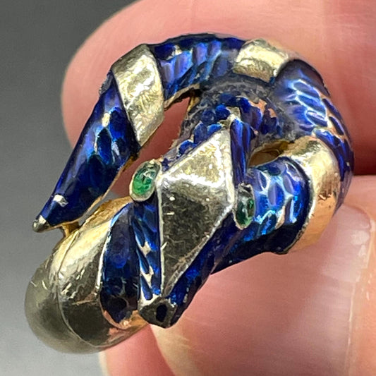 Vintage signed Trifari "Garden of Eden" gold tone & royal blue enamel snake ring with green rhinestone eyes, small UK size J or US size 5