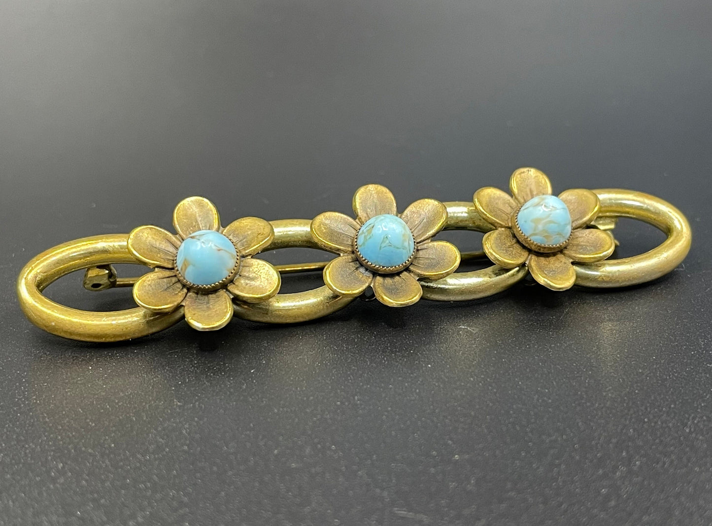 Vintage Neiger Brothers (Max and Norbert) long flower brooch - faux turquoise glass cabochons & gold tone