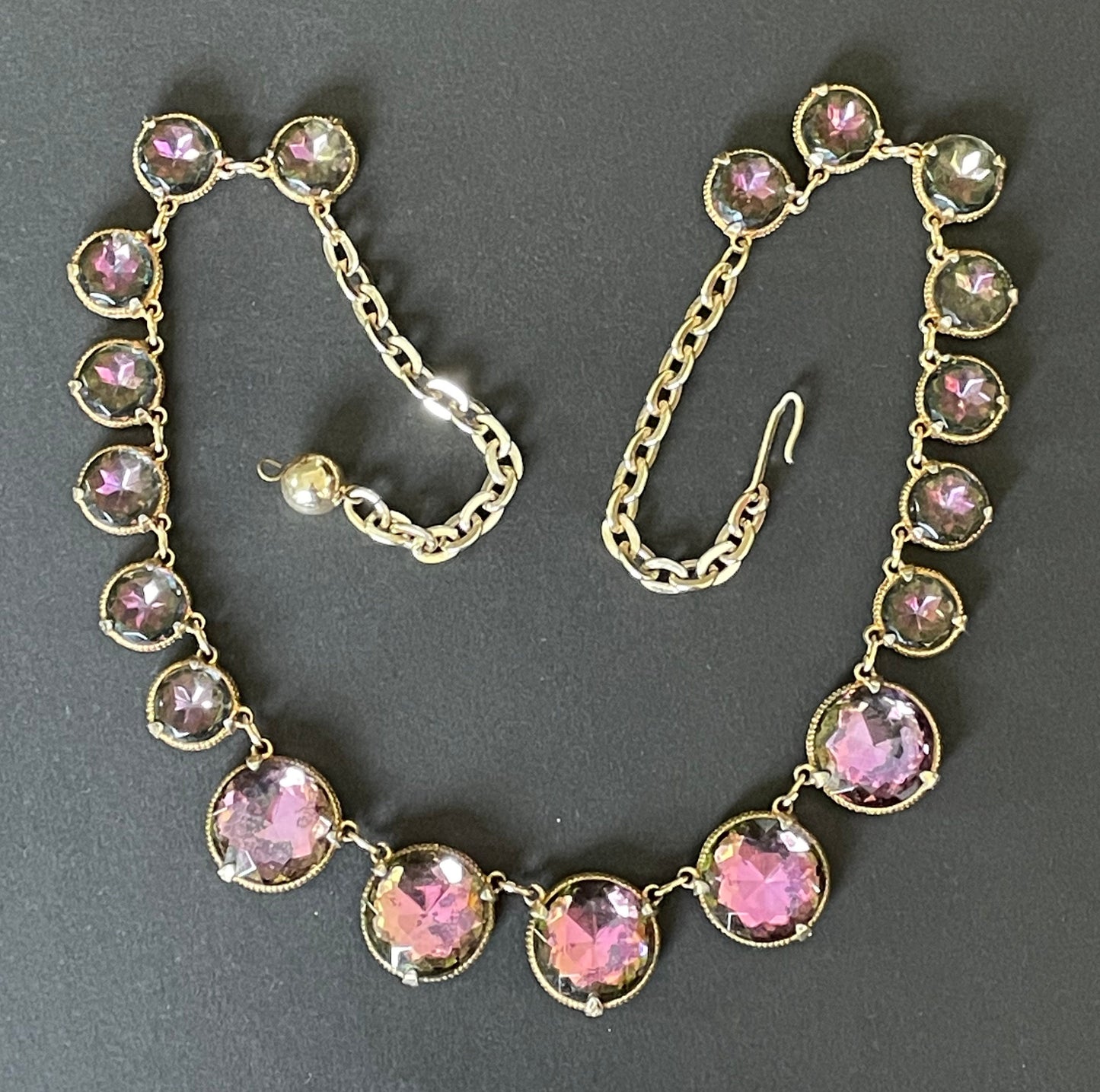 Vintage watermelon glass vitrail riviere necklace, heavy, graduated rhinestones set in gold tone, Schiaparelli style