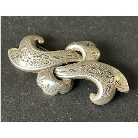 Antique Victorian vintage sterling silver brooch, beautiful shape, pretty flower engraving