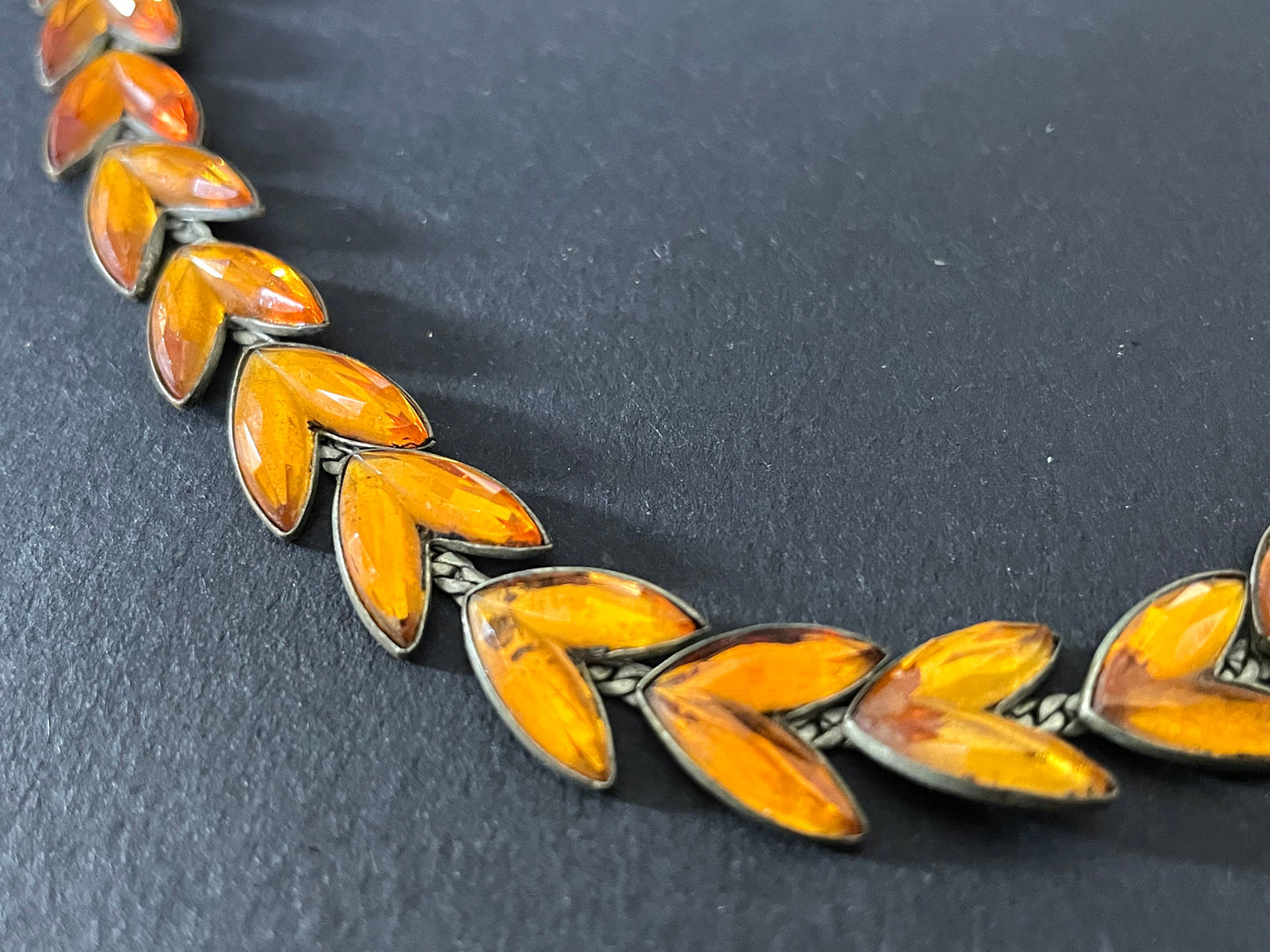 Vintage citrine yellow / topaz orange moulded Vauxhall style glass leaf design necklace, set in antique brassy gold tone