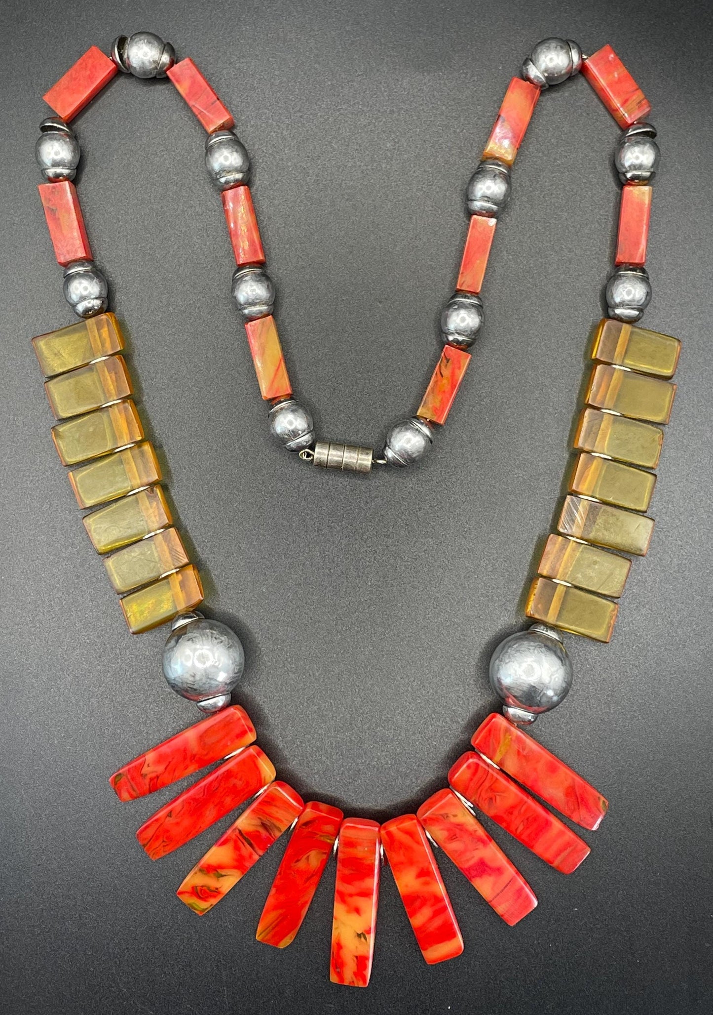 Vintage classic Art Deco geometric galalith (early plastic) bead fringe necklace, orange and chrome, on foxtail chain - Louis Rousselet ?