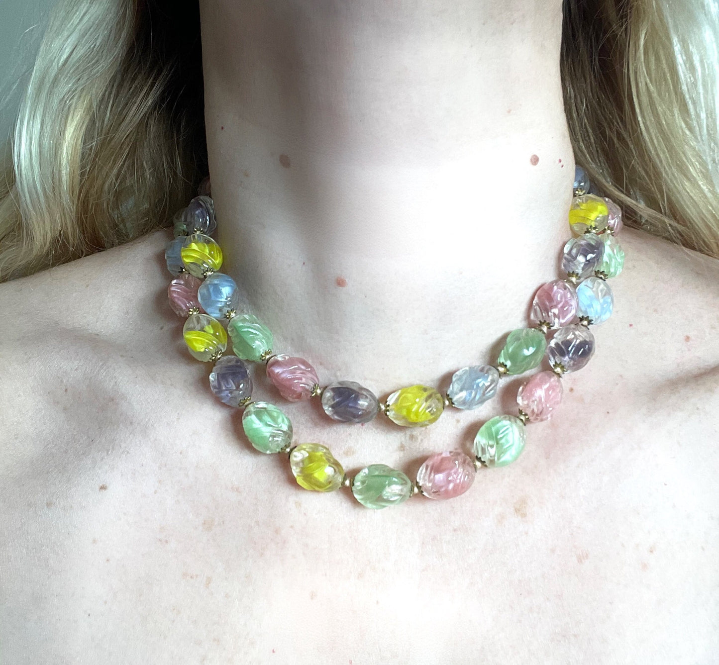 Vintage, heavy, pastel colour, yellow, pink, green, purple and blue givre moulded glass double stranded necklace, unusual glass beads