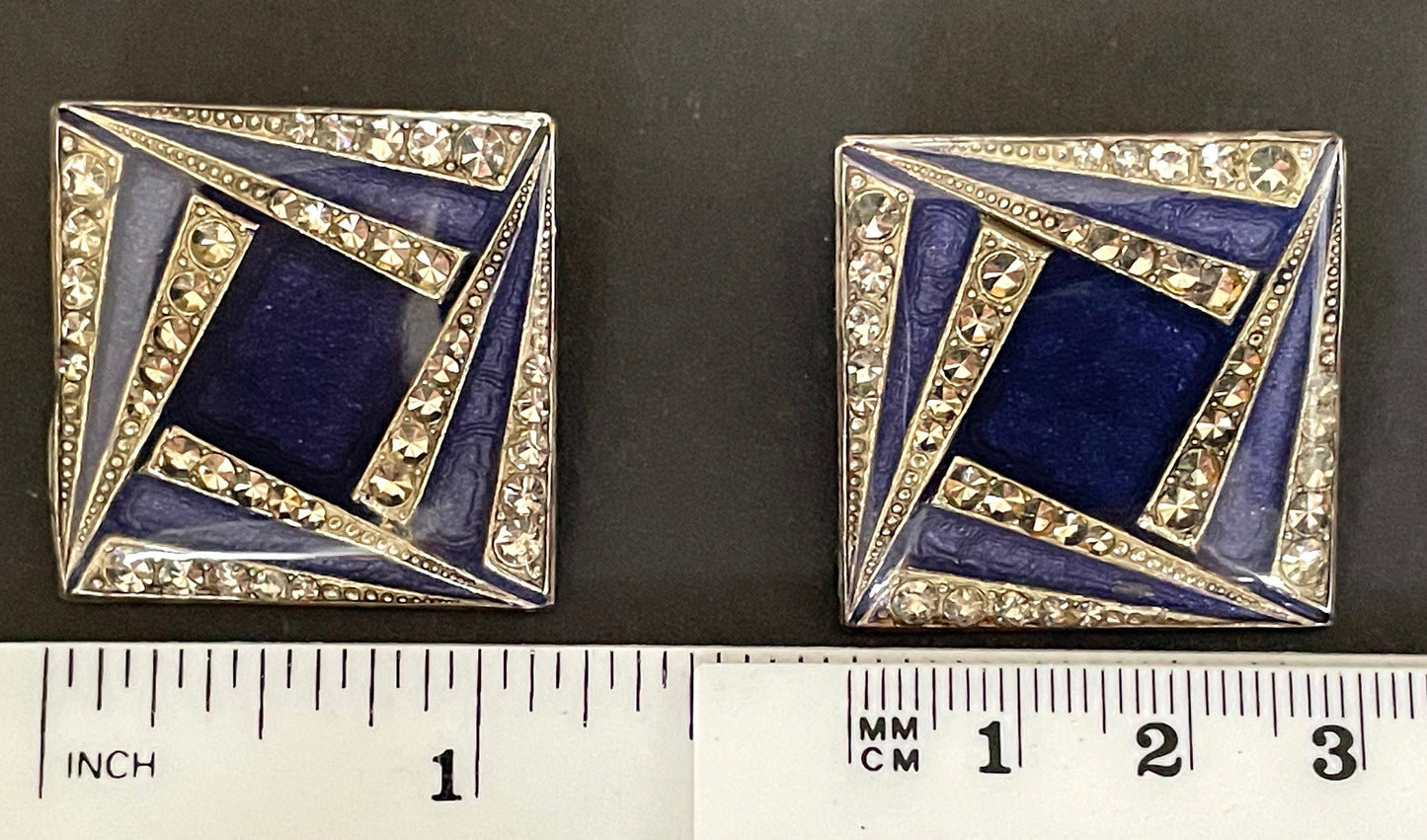 Huge vintage Pierre Bex Art Deco bright blue enamel and rhinestone clip on earrings, fabulous geometric design, large square shape