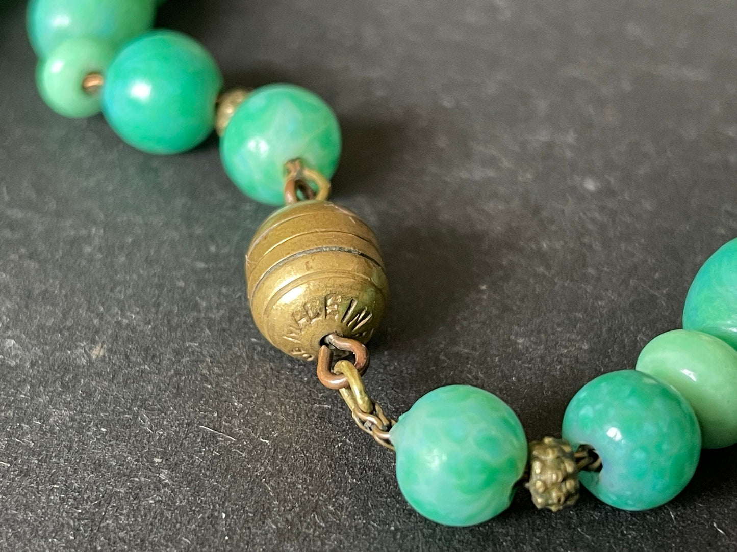 Vintage Louis Rousselet Art Deco green Peking style glass and ornate gold tone bead necklace, Made in France beehive clasp, foxtail chain