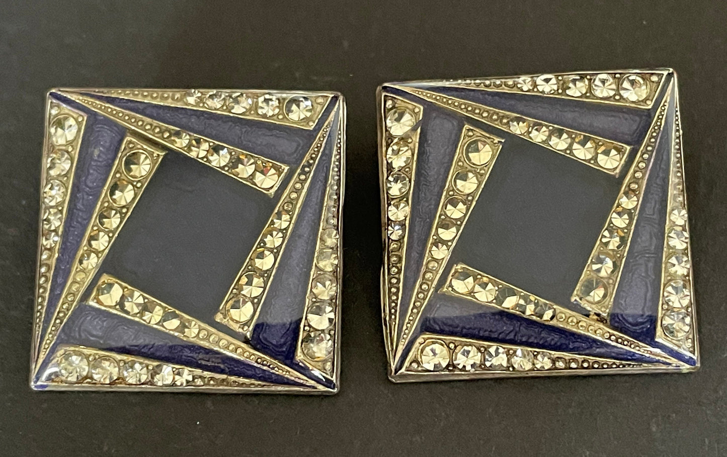 Huge vintage Pierre Bex Art Deco bright blue enamel and rhinestone clip on earrings, fabulous geometric design, large square shape