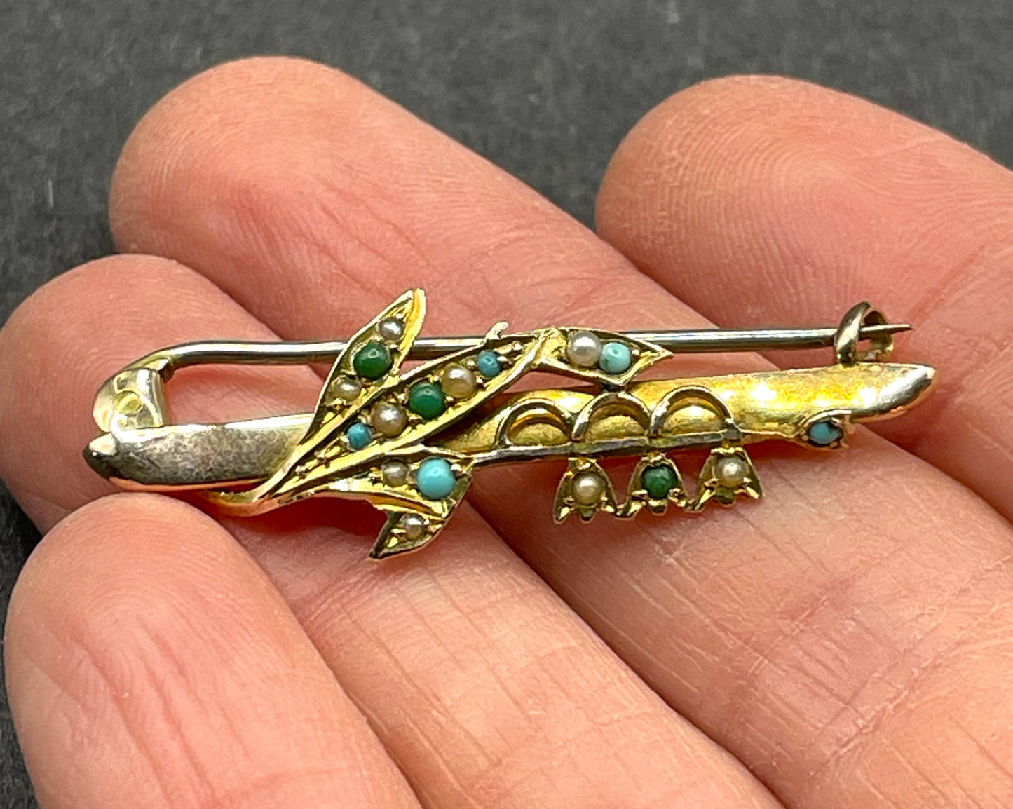 Antique floral lily of the valley brooch in 9ct gold decorated with real seed pearl cabochons and real Persian turquoise cabochons