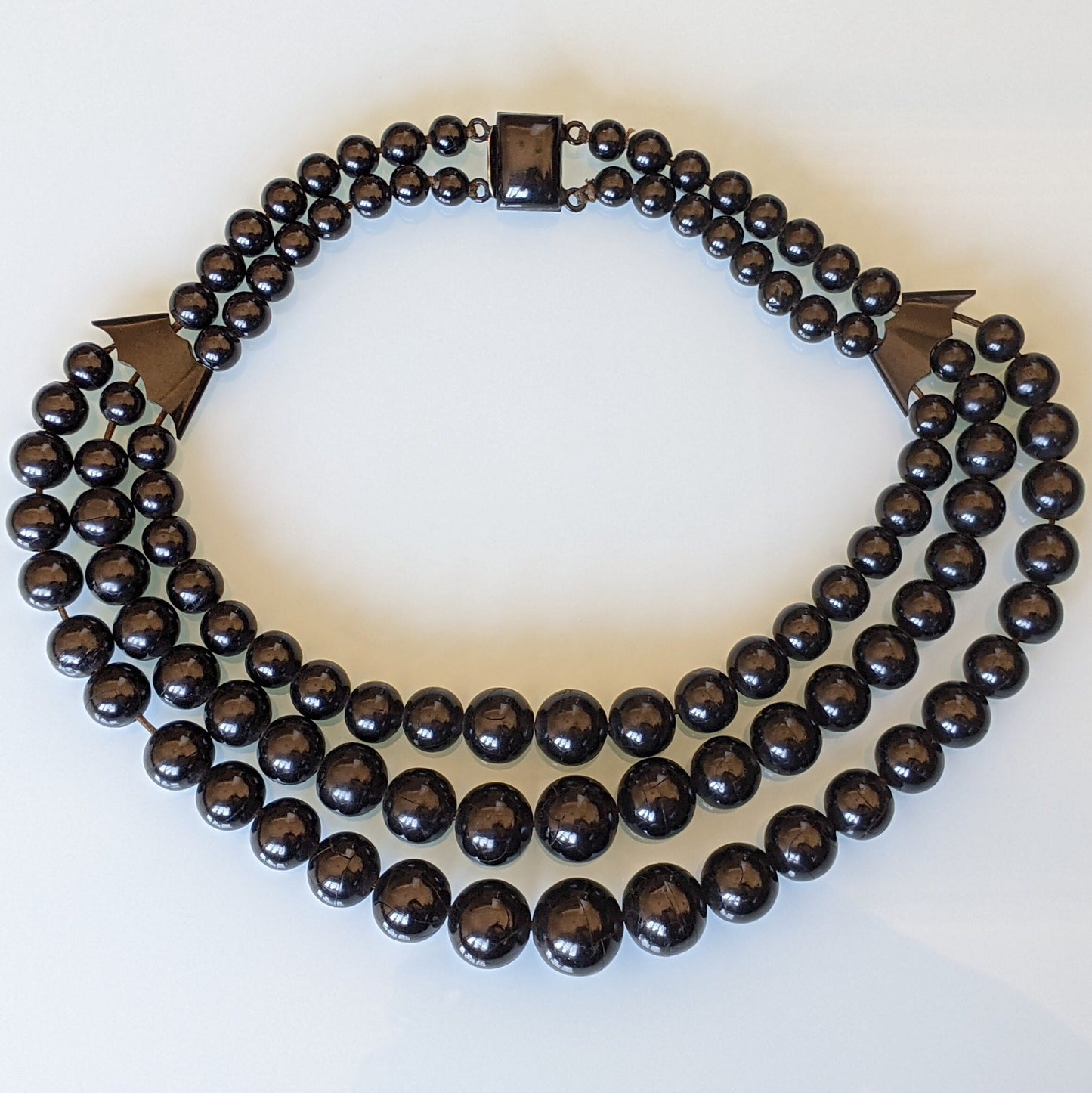 Huge antique Victorian Whitby jet bead, triple strand mourning necklace