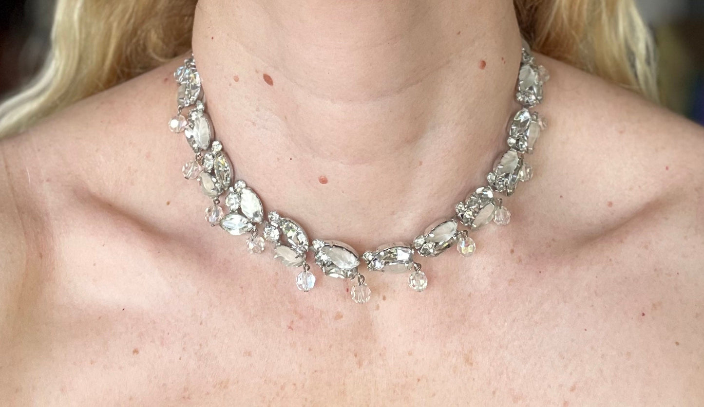 Vintage signed Kramer NY cloudy moulded glass & crystal rhinestone silver tone choker necklace with fringe beading, leaf garland design