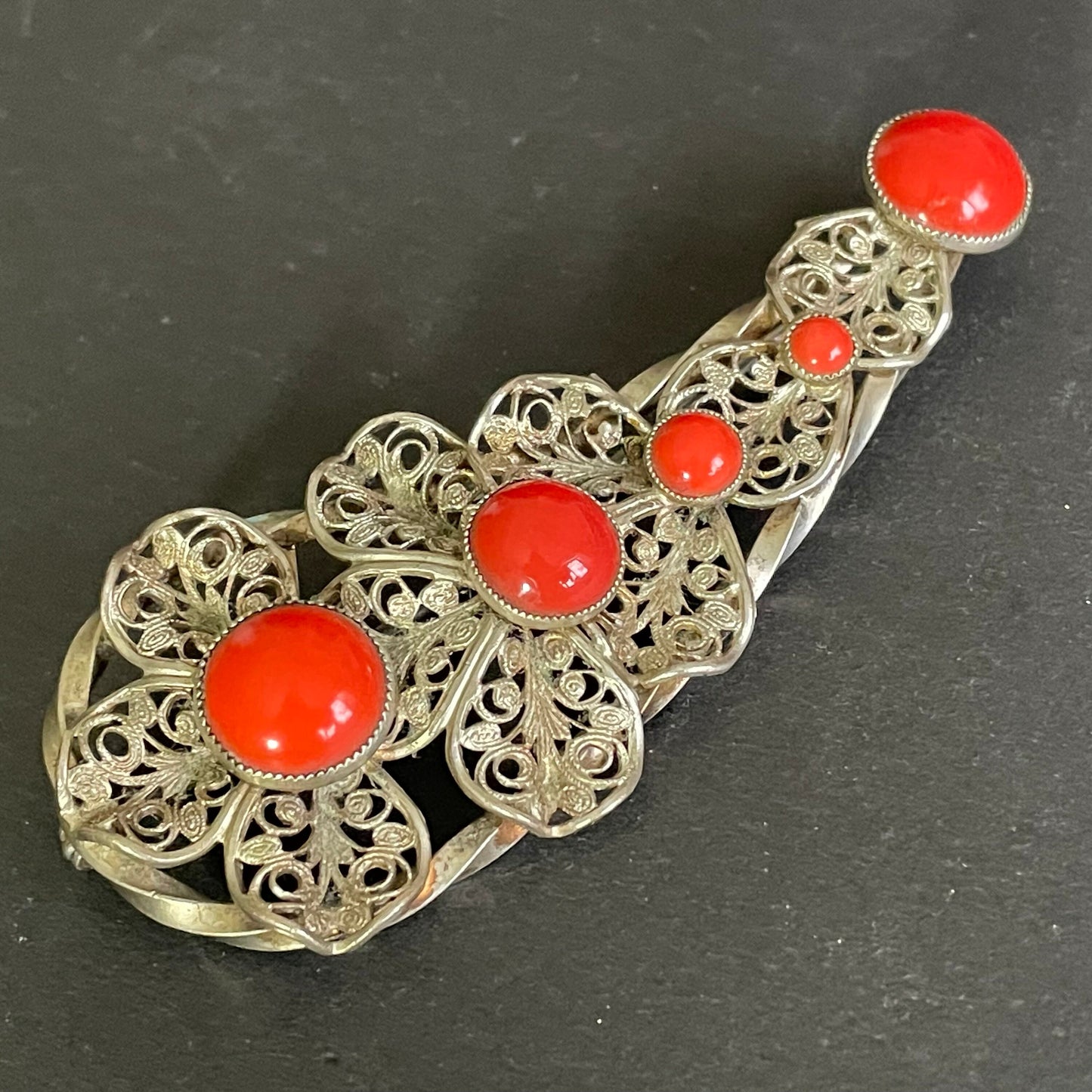 Huge vintage Art Deco Max Neiger brothers Czech brooch, bright lipstick red glass cabochons silver tone filigree