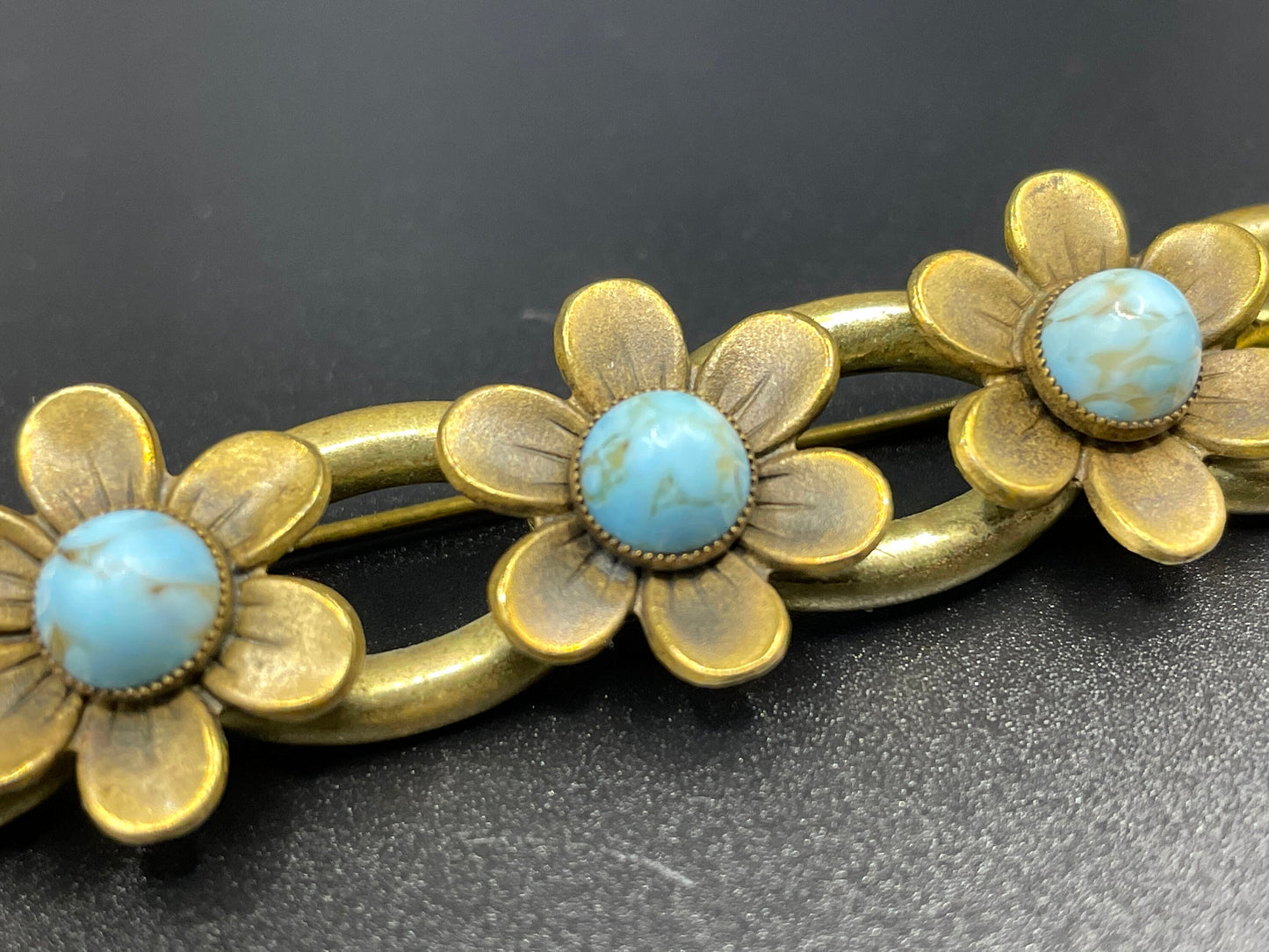 Vintage Neiger Brothers (Max and Norbert) long flower brooch - faux turquoise glass cabochons & gold tone