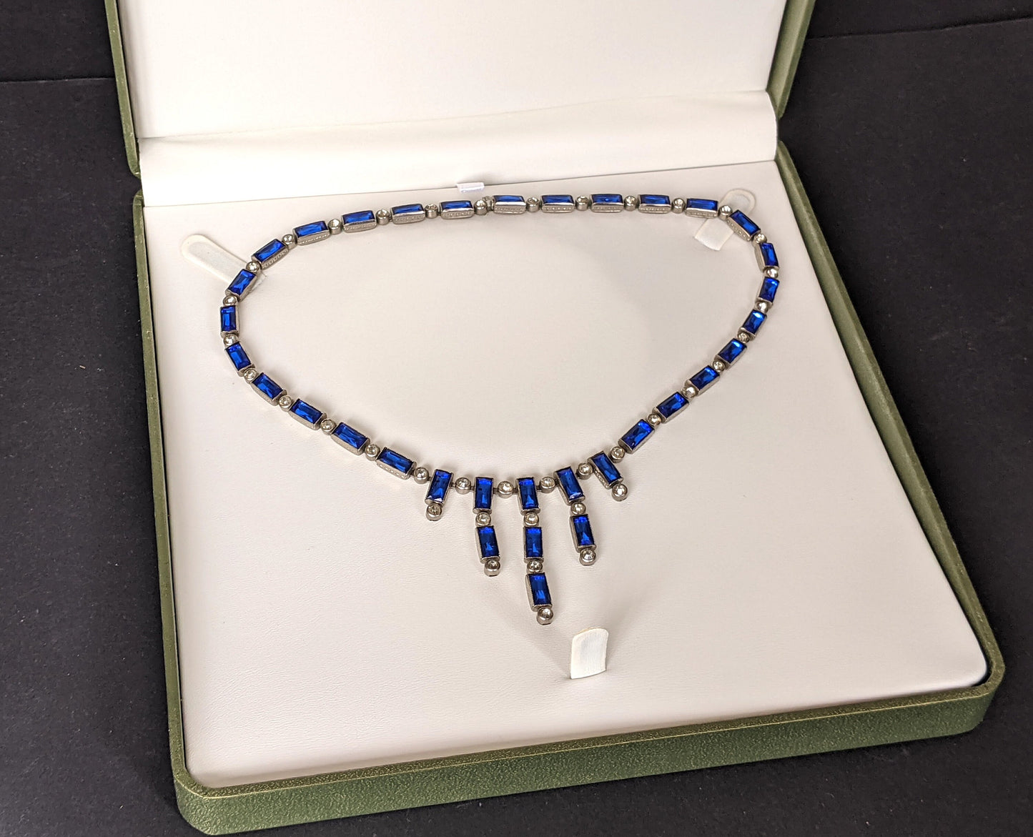 Vintage / antique Bristol blue and clear paste collet set crystal, silver plated riviere necklace with baguette stones and central fringe