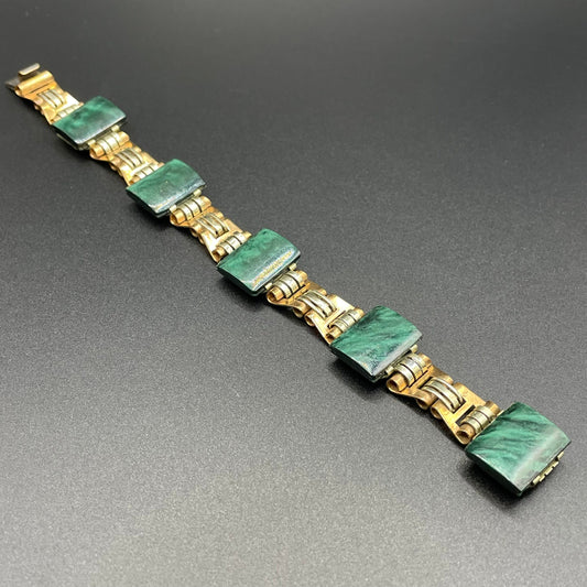 Vintage Jakob Bengel Art Deco machine age chrome, copper tone and marbled, deep green galalith panel bracelet