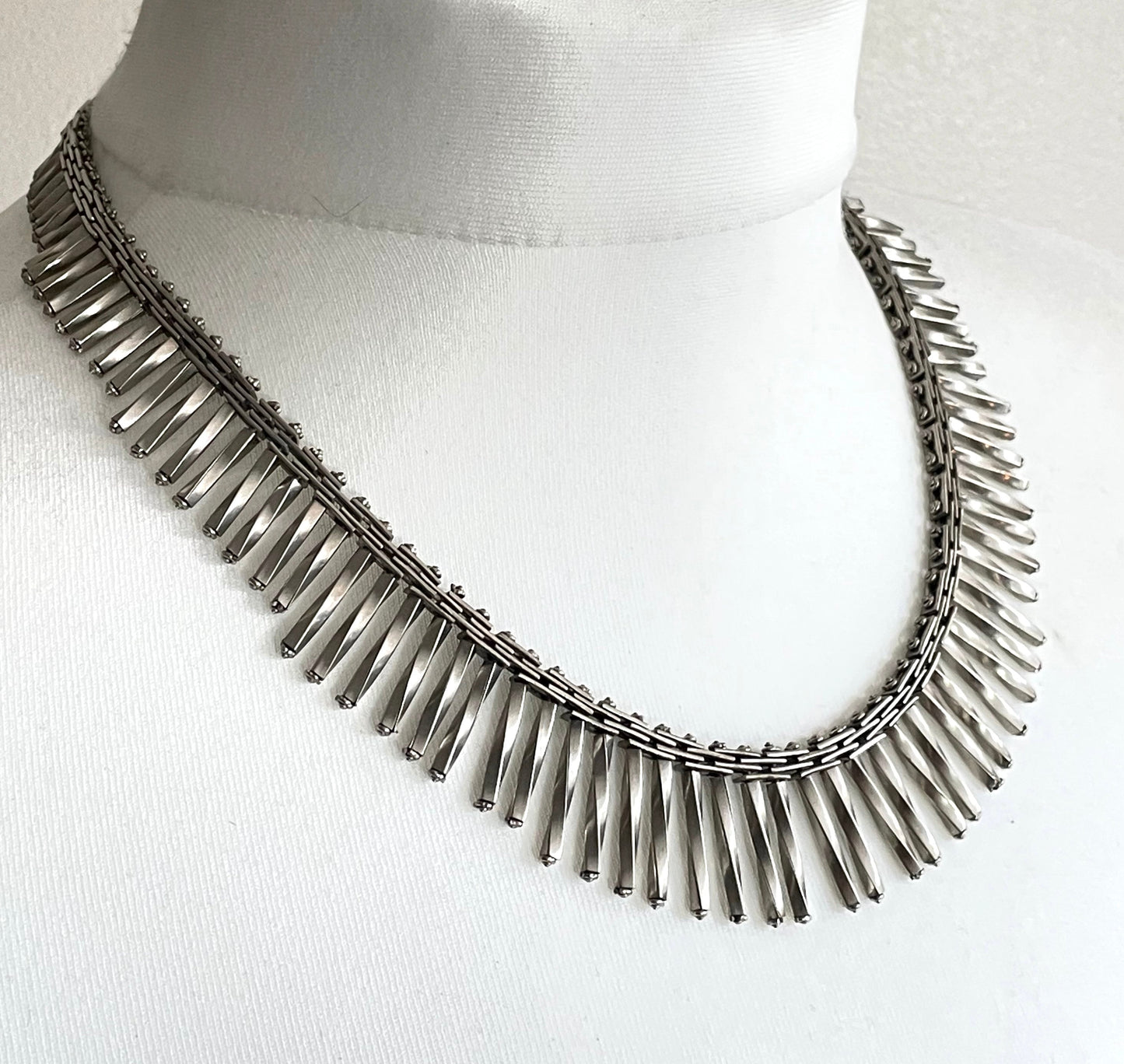 Vintage Jakob Bengel Art Deco machine age chrome mid-length fringe necklace, extremely rare design, beautiful workmanship