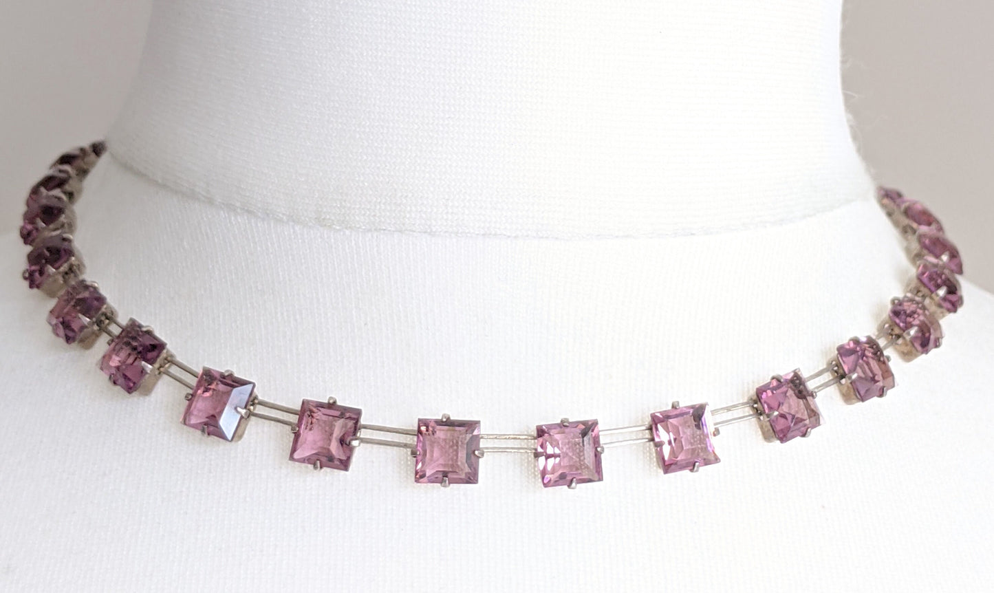 Vintage sterling silver Art Deco amethyst purple princess cut / square crystal riviere necklace bezel set, open backed