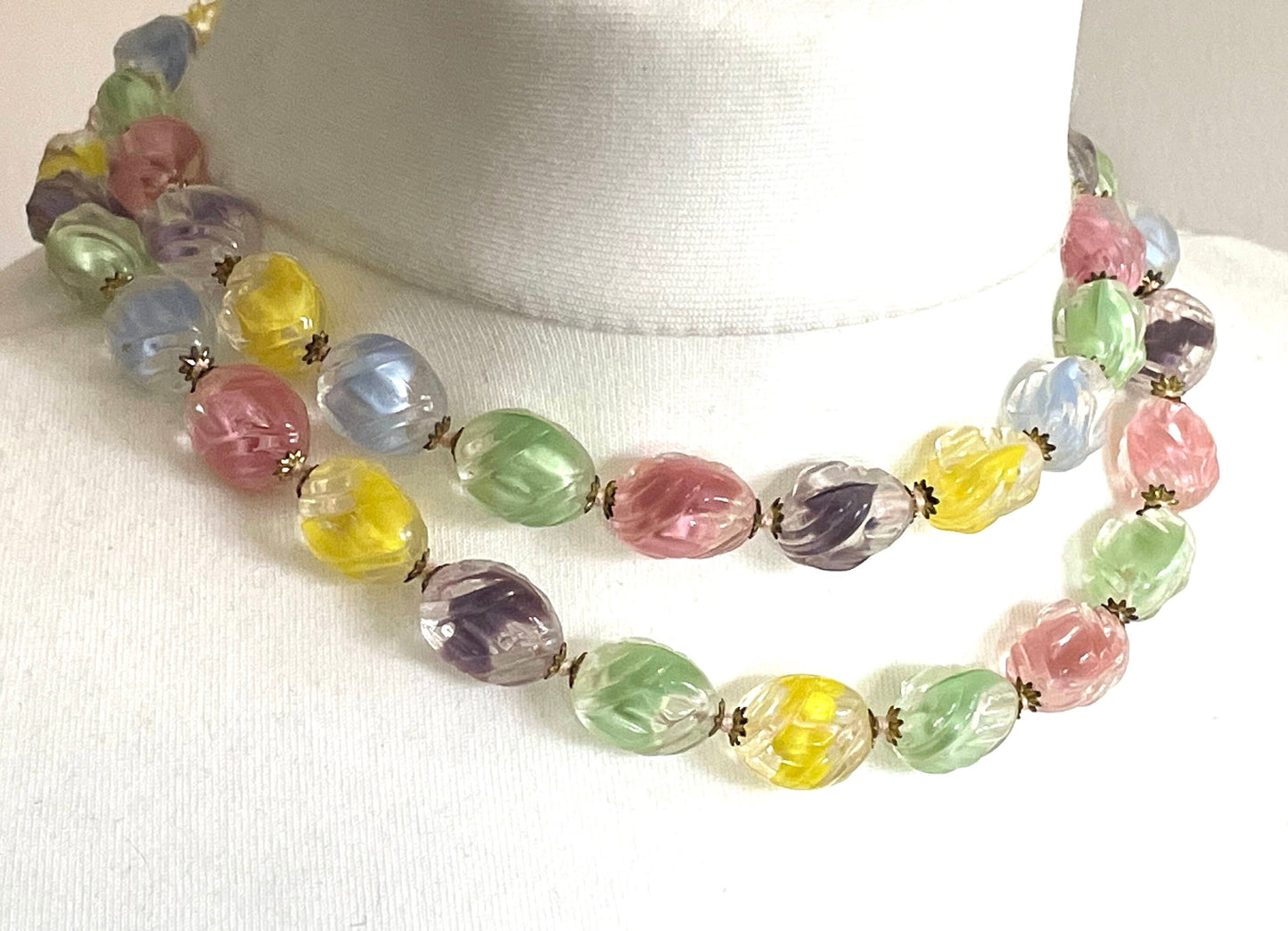 Vintage, heavy, pastel colour, yellow, pink, green, purple and blue givre moulded glass double stranded necklace, unusual glass beads