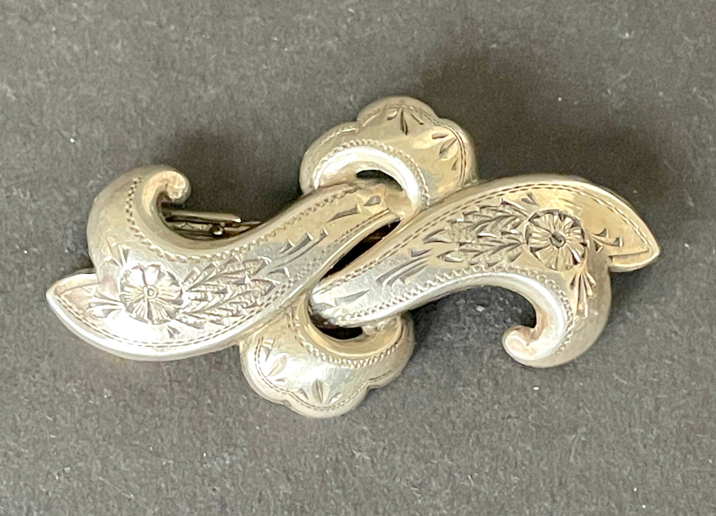 Antique Victorian vintage sterling silver brooch, beautiful shape, pretty flower engraving