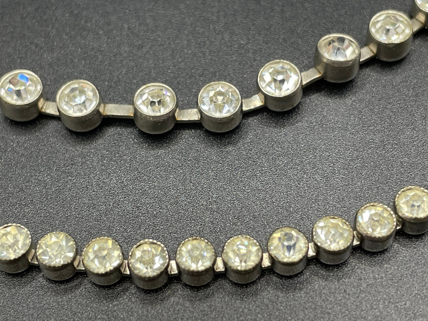 Vintage 1930s Art Deco collet set paste rhinestone and silver tone tennis / cocktail riviere choker necklace and bracelet set