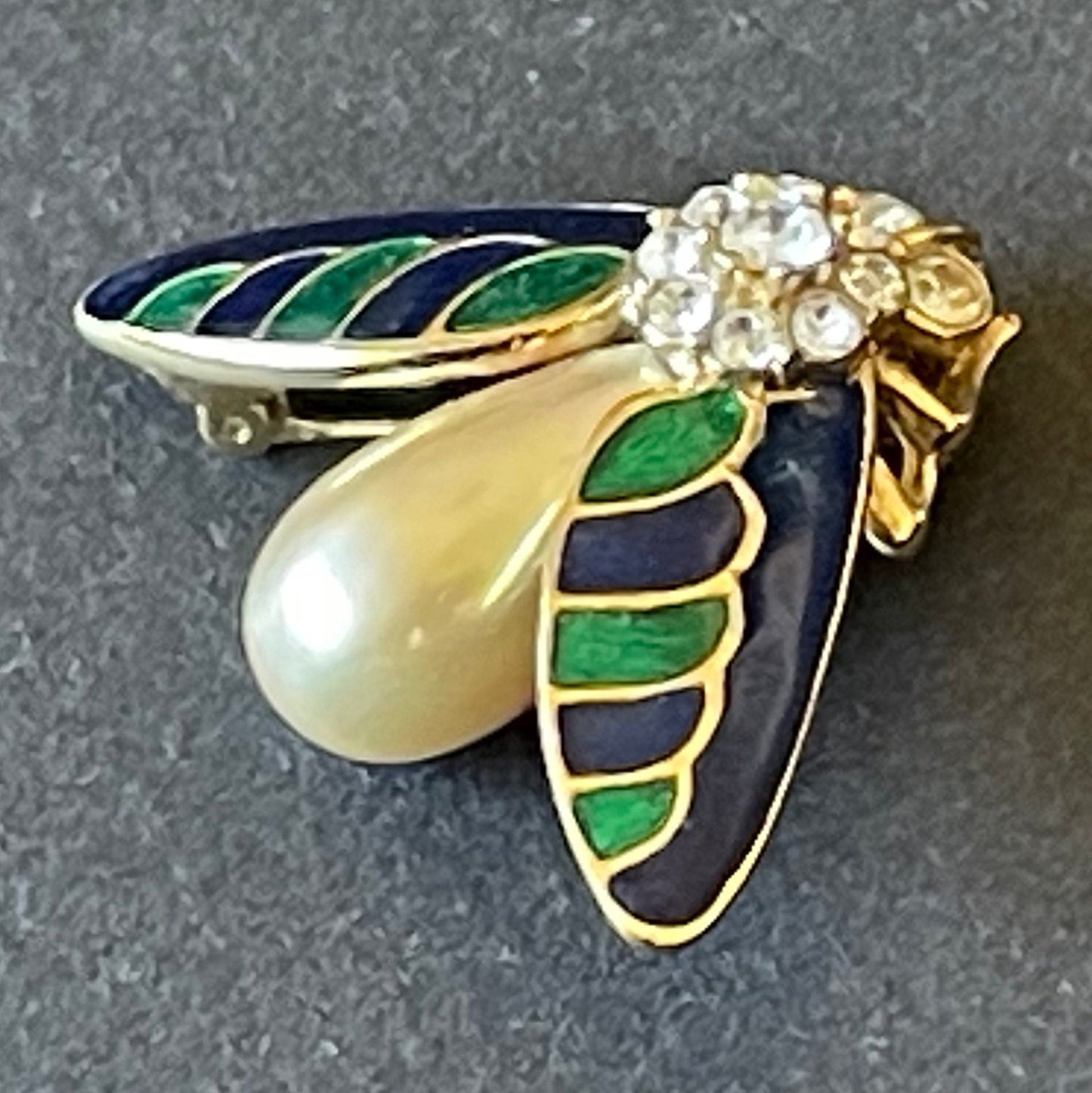 Vintage signed Attwood and Sawyer ( A&S ) gold plated with clear rhinestones, green and blue enamel and glass pearl, fly bee insect brooch