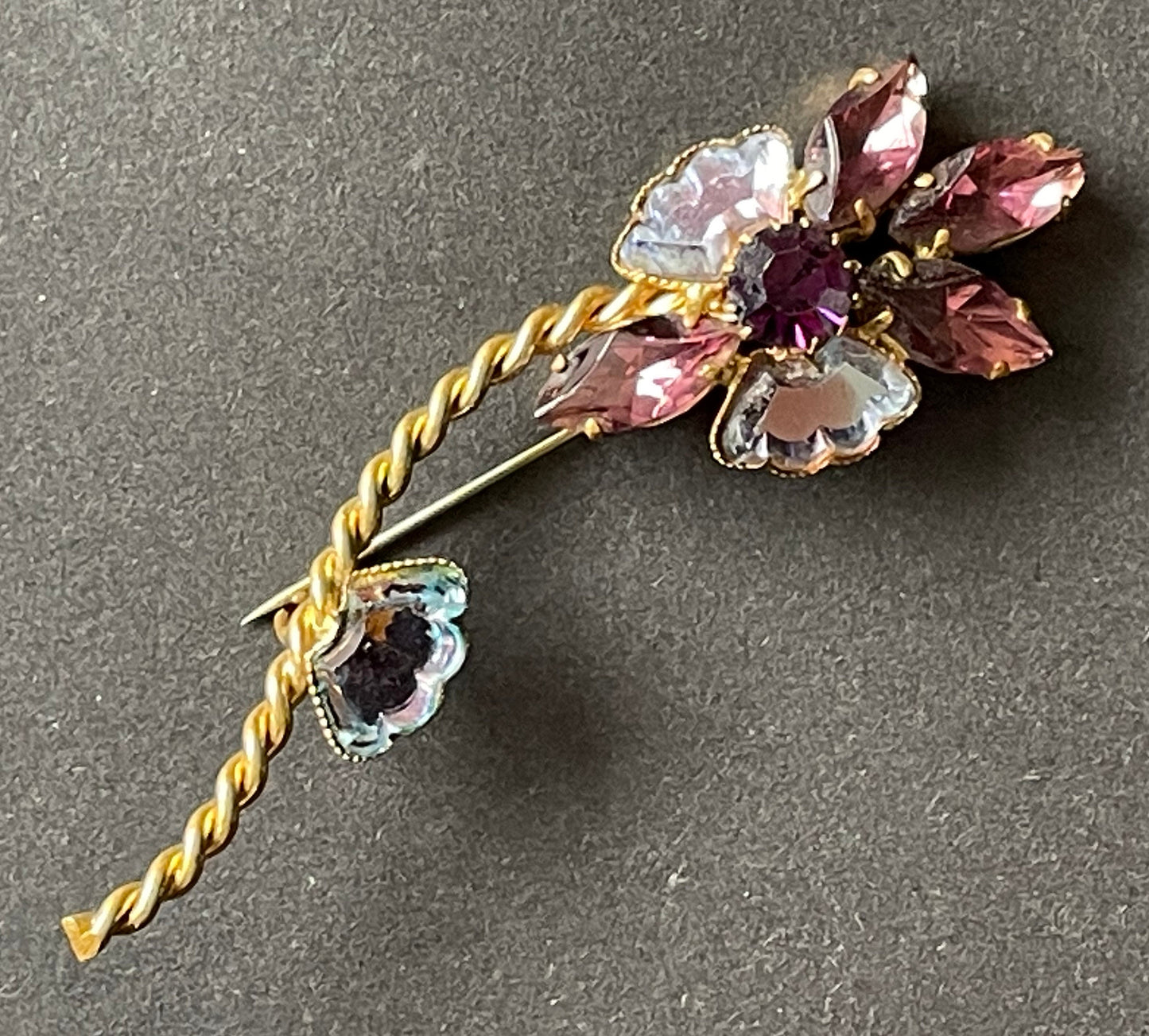 Vintage rhinestone / crystal bi-colour amethyst purple and blue flower brooch, vauxhall / mirror glass style in gold tone