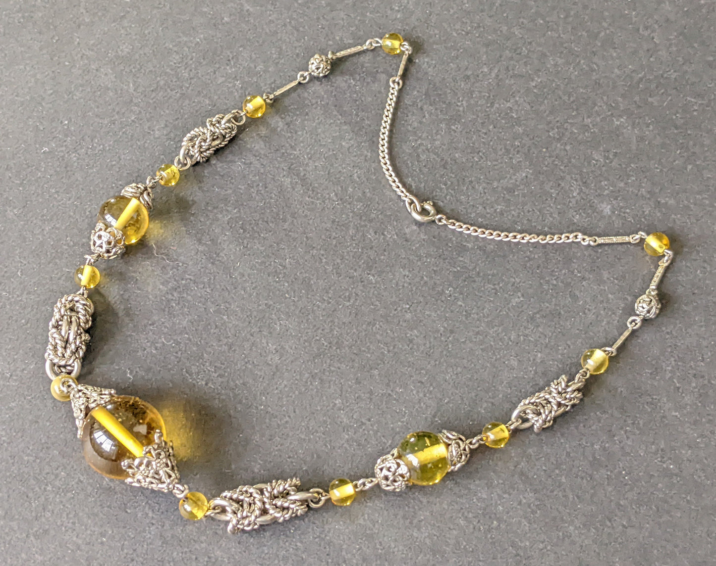 Vintage Art Deco yellow glass and chrome machine age necklace - Jakob Bengel attributed, mint condition, unusual colour