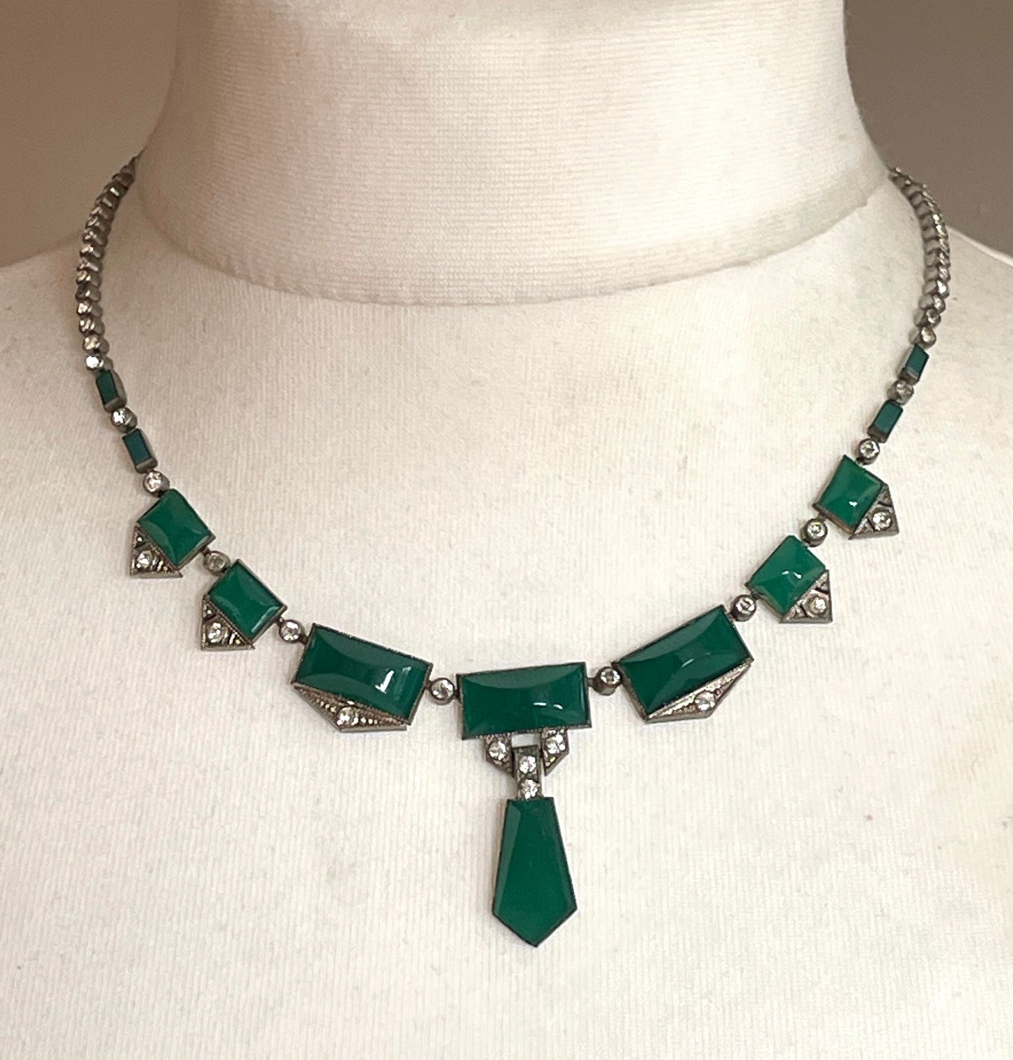 Vintage Art Deco Czech deep green moulded glass and silver tone necklace with collet set clear rhinestones in riviere style