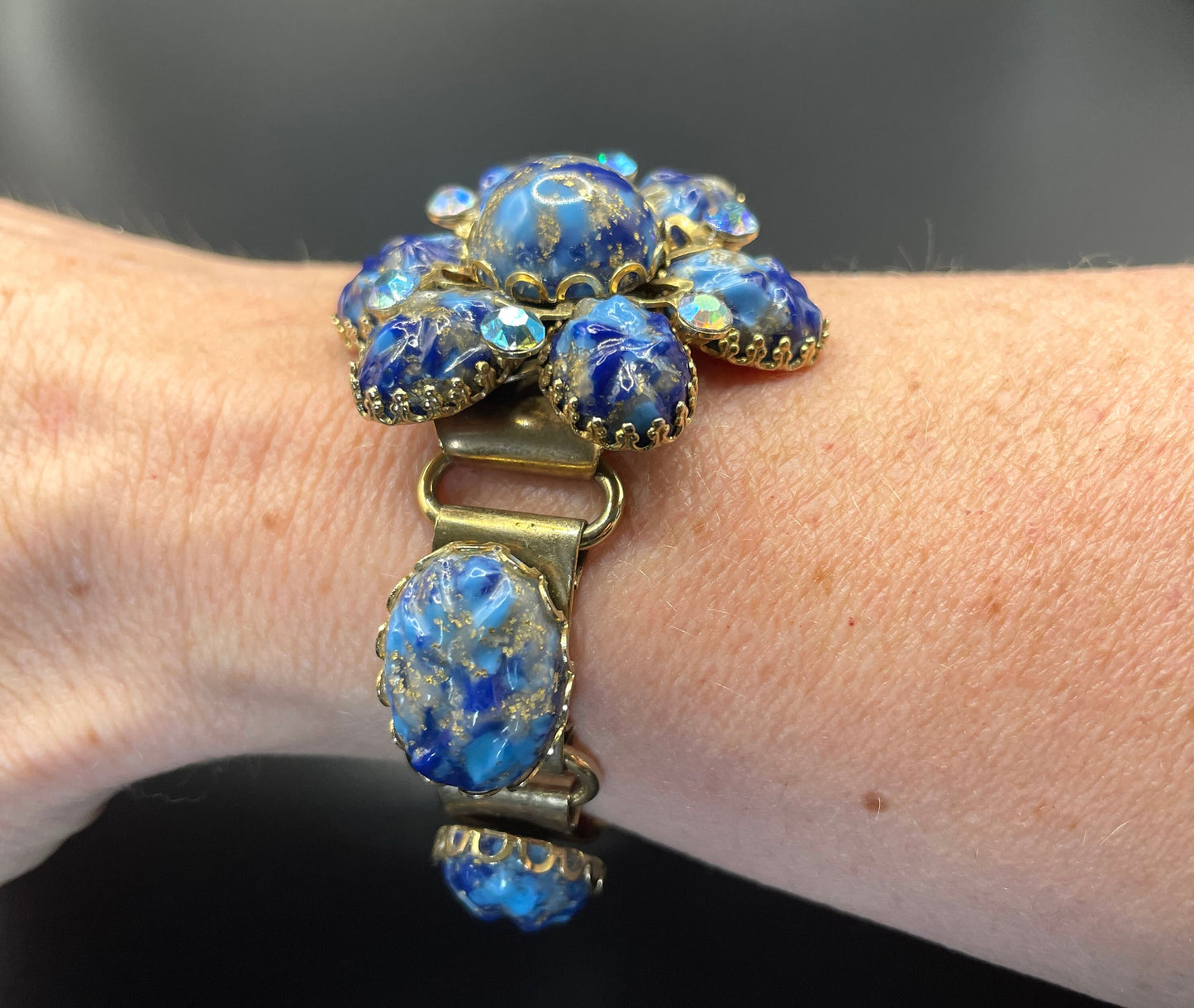 Vintage art glass rhinestone floral bracelet, textured blue and gold glass cabochons, Juliana Delizza and Elster (D&E) or Schreiner style