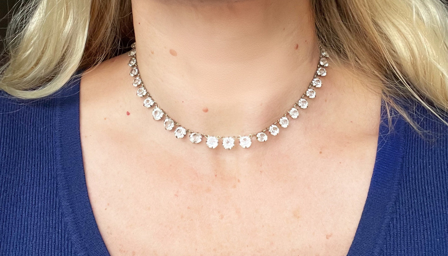 Vintage sterling silver gold vermeil Art Deco diamond clear crystal rhinestone riviere choker necklace, bezel set, open backed