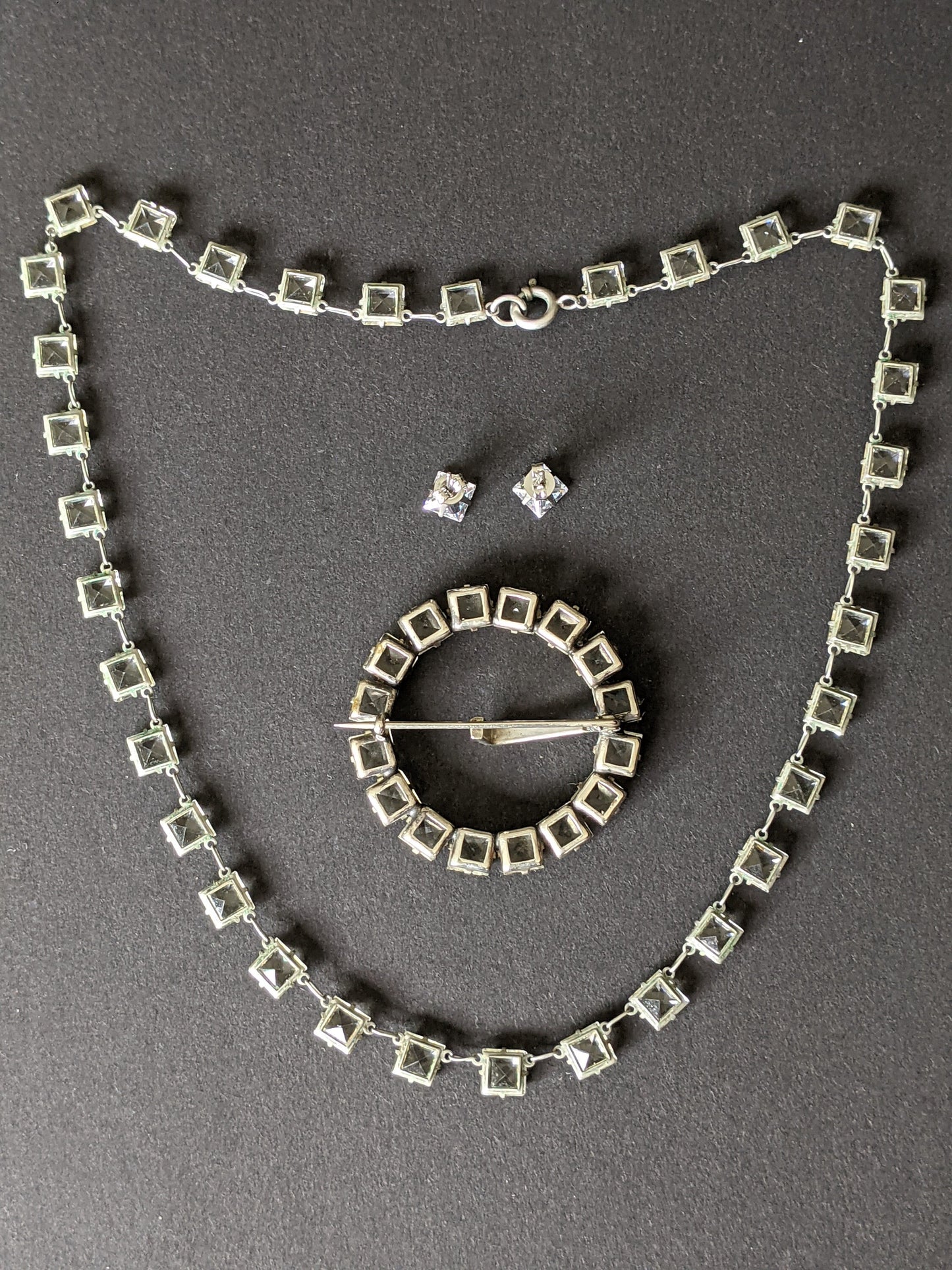 Vintage Art Deco clear paste crystal riviere necklace, bezel set open backed square princess cut rhinestones, with free stud earrings