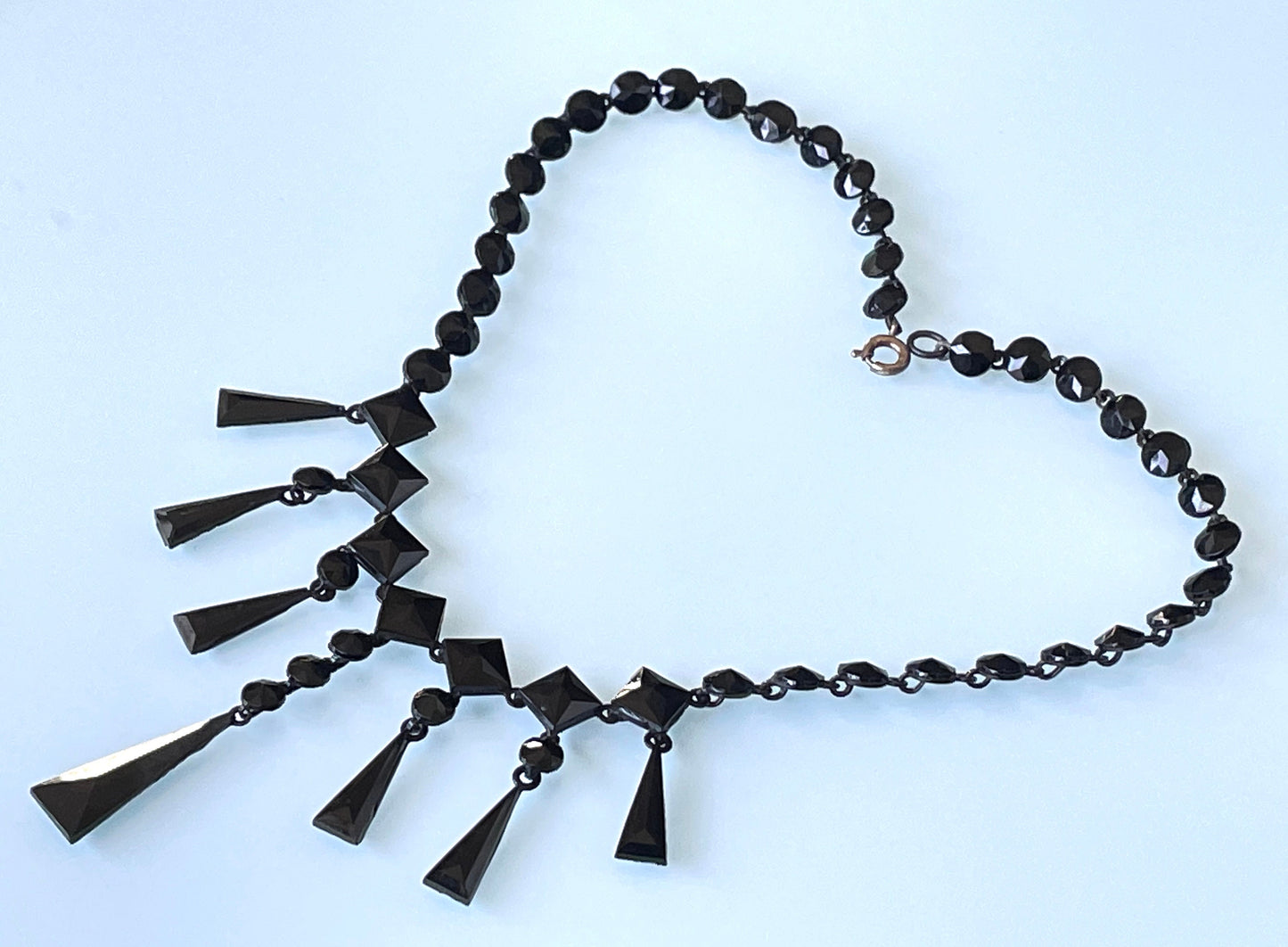 Antique French jet fringe necklace - Victorian Vauxhall glass, black faceted glass jet stones