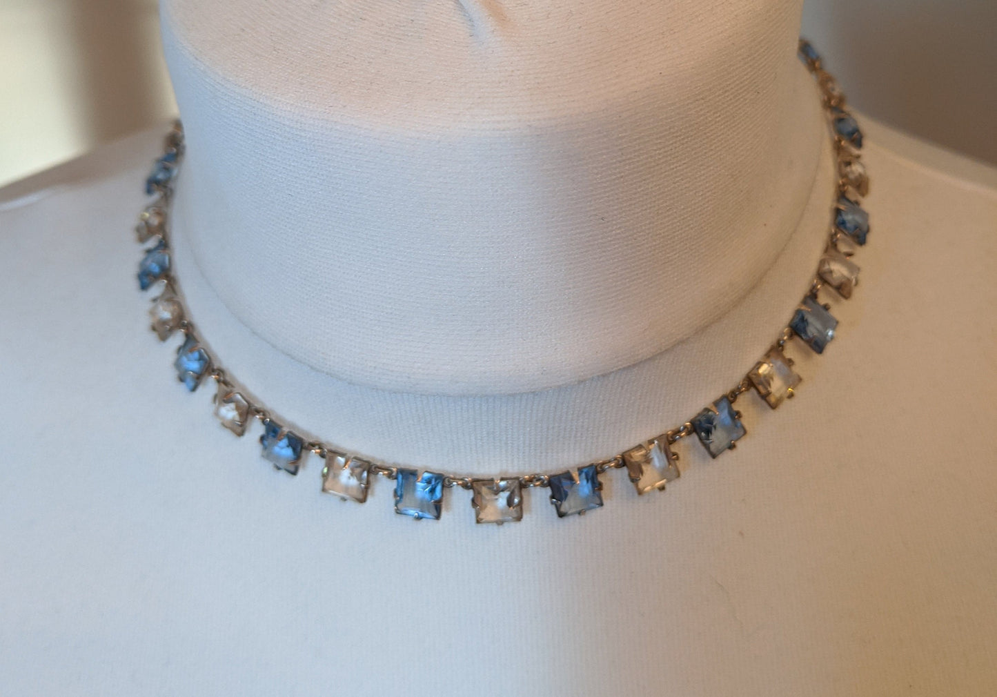 Vintage Art Deco sapphire blue crystal & clear paste riviere necklace bezel set, open backed, square / princess cut crystals, free earrings!