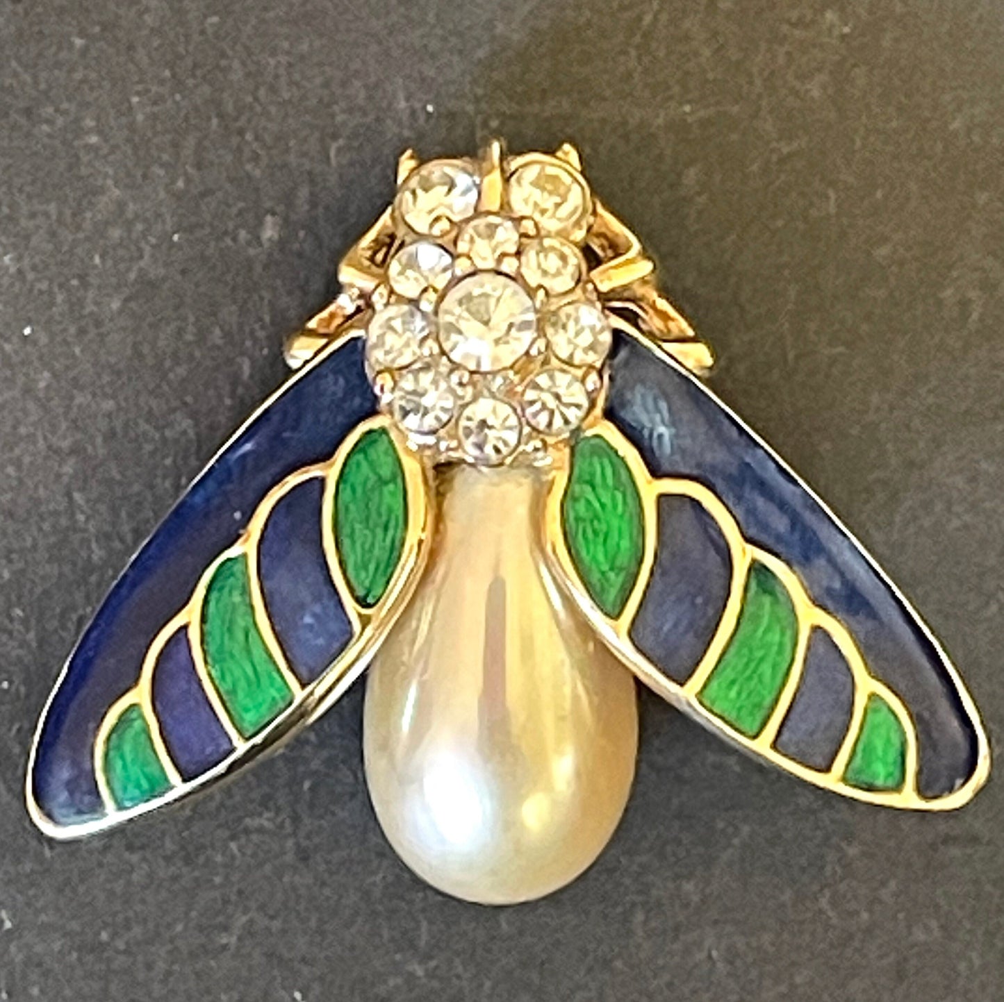 Vintage signed Attwood and Sawyer ( A&S ) gold plated with clear rhinestones, green and blue enamel and glass pearl, fly bee insect brooch