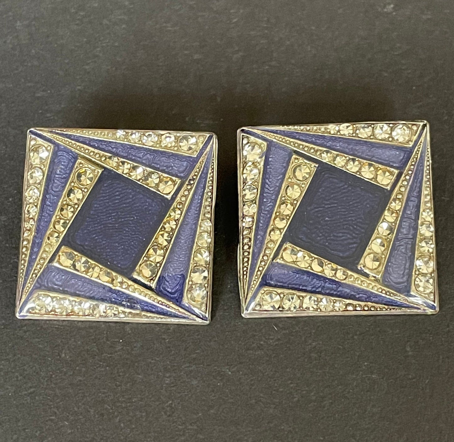 Huge vintage Pierre Bex Art Deco bright blue enamel and rhinestone clip on earrings, fabulous geometric design, large square shape