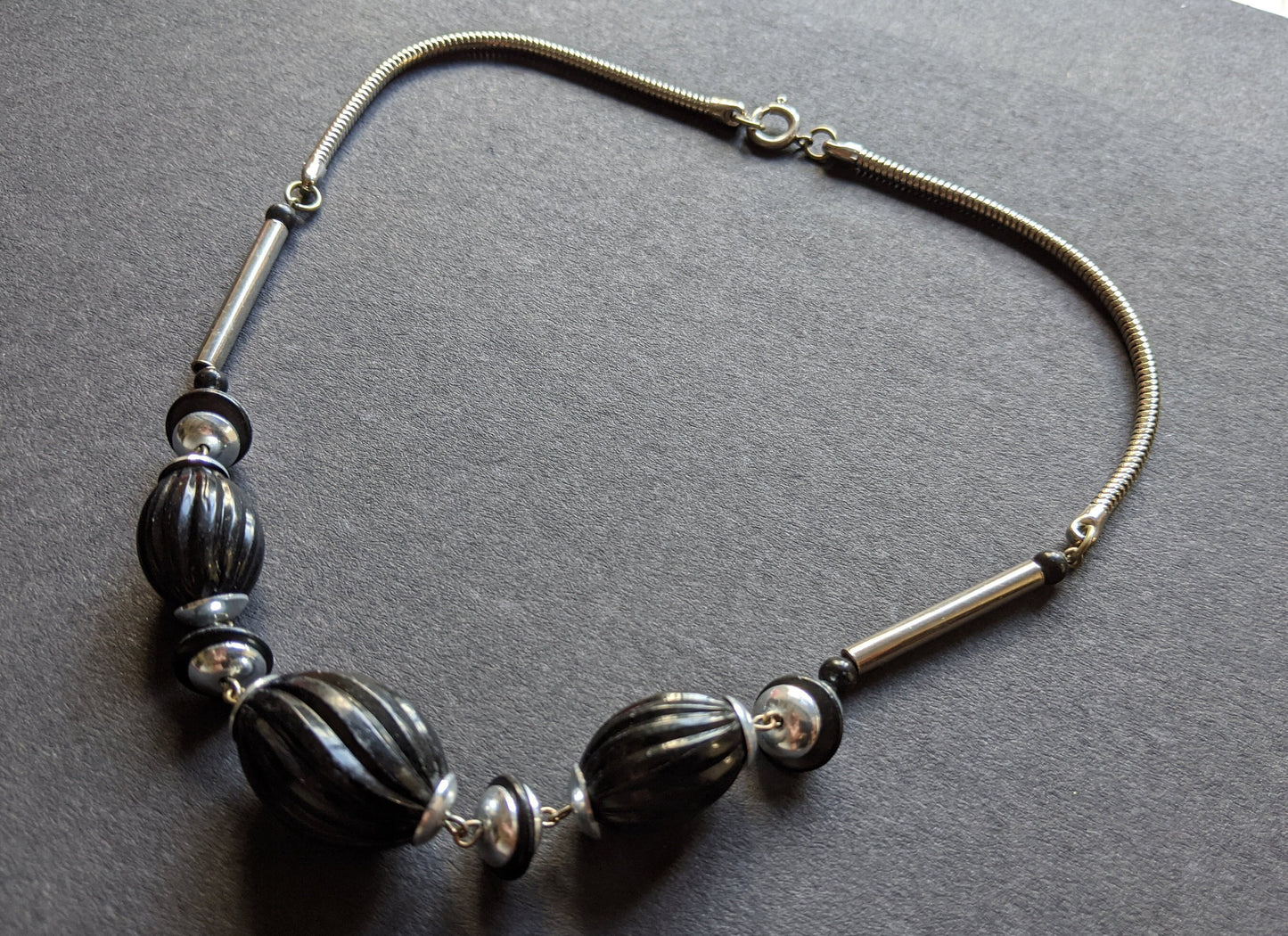 Vintage Jakob Bengel Art Deco machine age chrome and black galalith geometric necklace with beautifully shaped beads